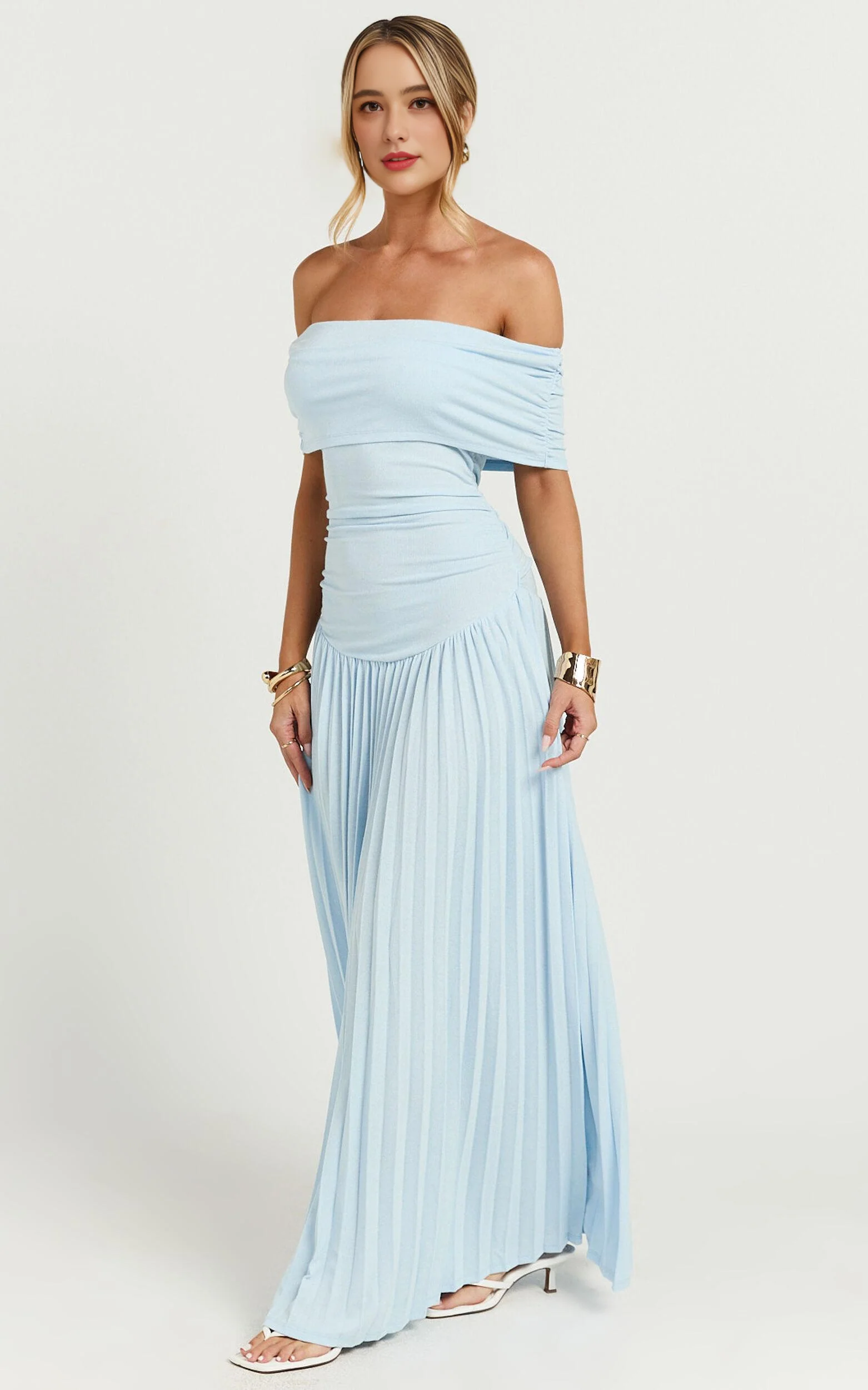 Off The Shoulder Maxi Shift Dress in Soft Blue