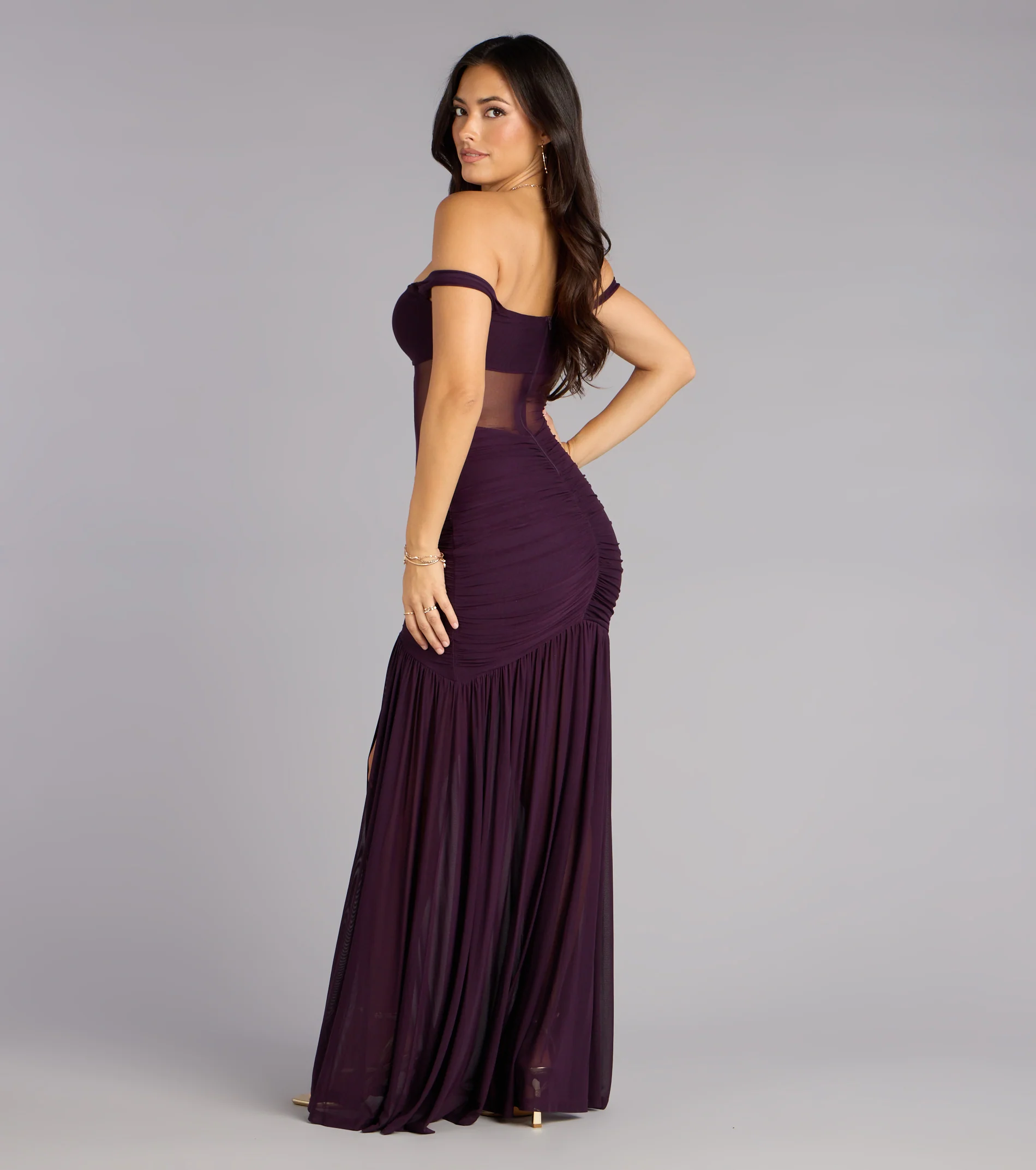 Eliza Sheer Mesh Off-The-Shoulder Mermaid Dress
