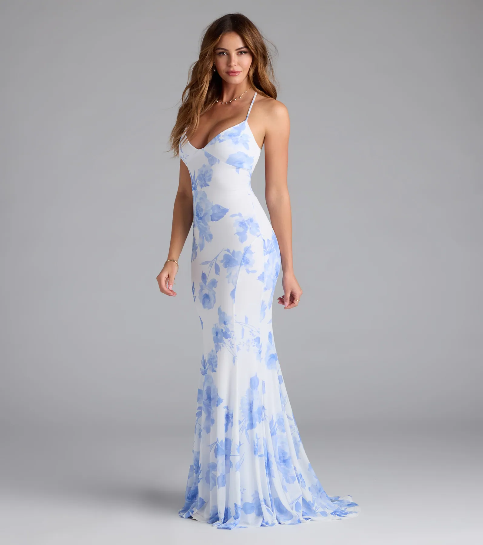 Pascha Strappy Open Back Mermaid Floral Formal Dress