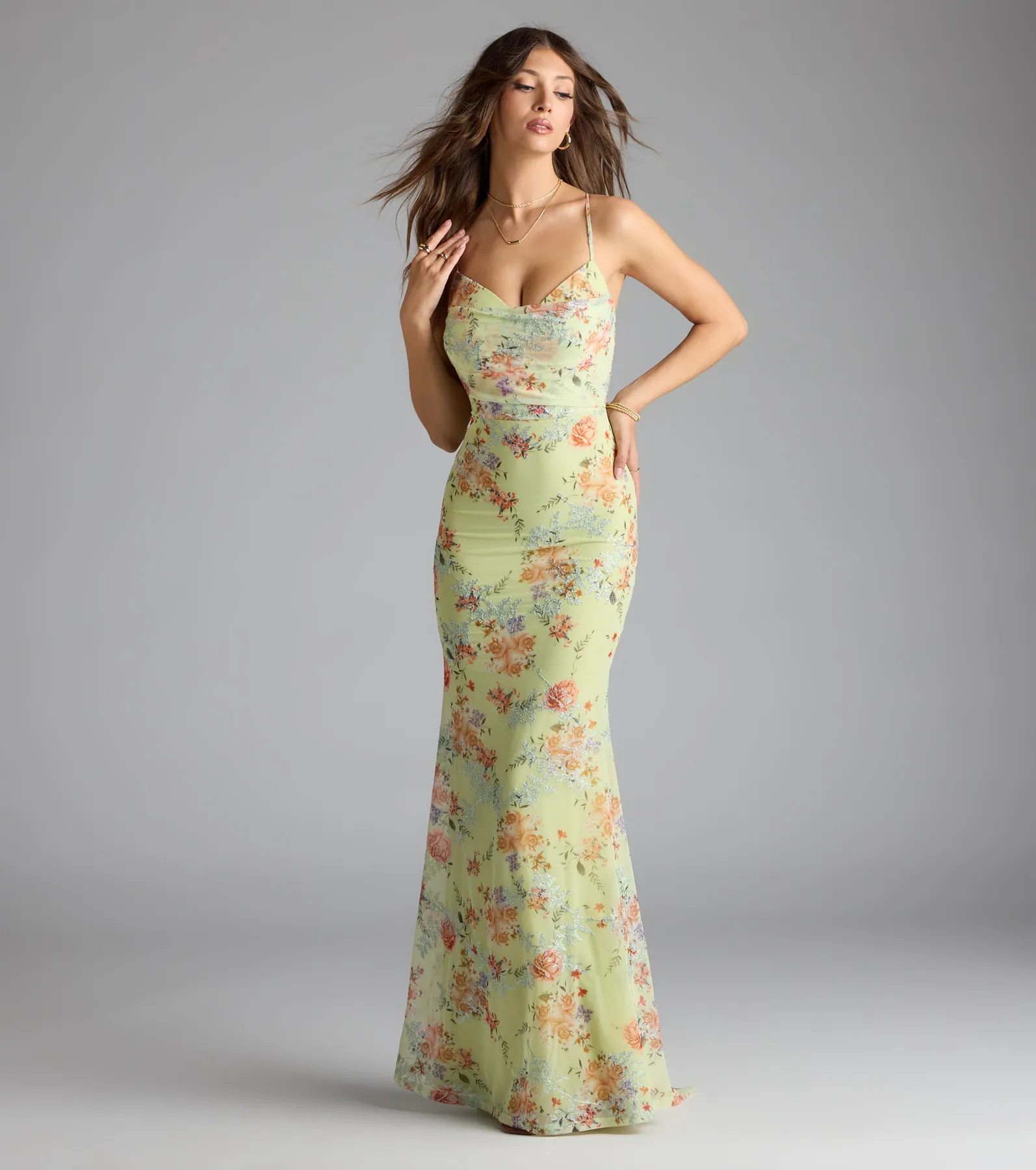 Rosalee Lace-Up Floral Mesh Formal Dress