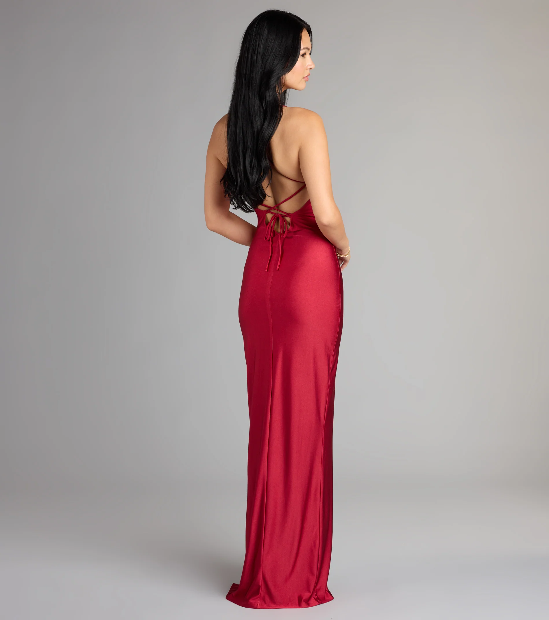 Natalie Cowl Neck Lace-Up Slit Column Dress