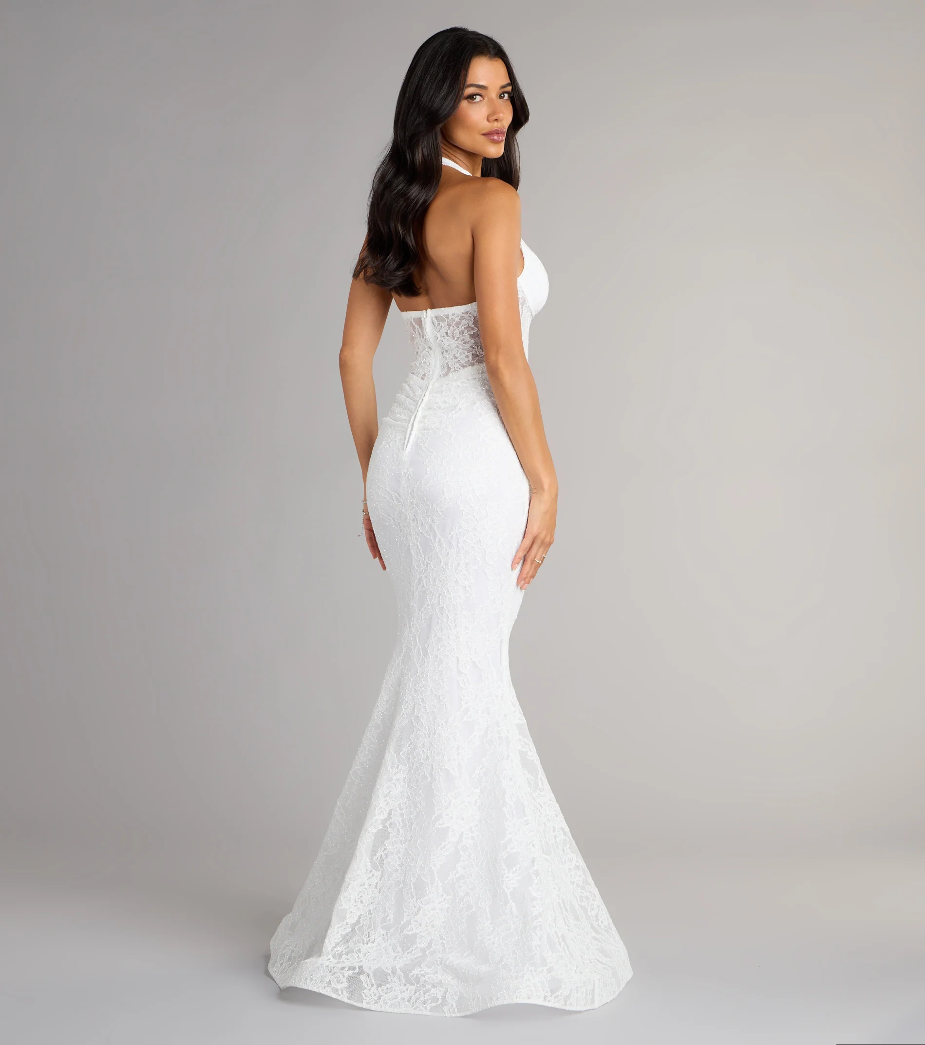 Cadie Halter Corset Slit Lace Formal Dress