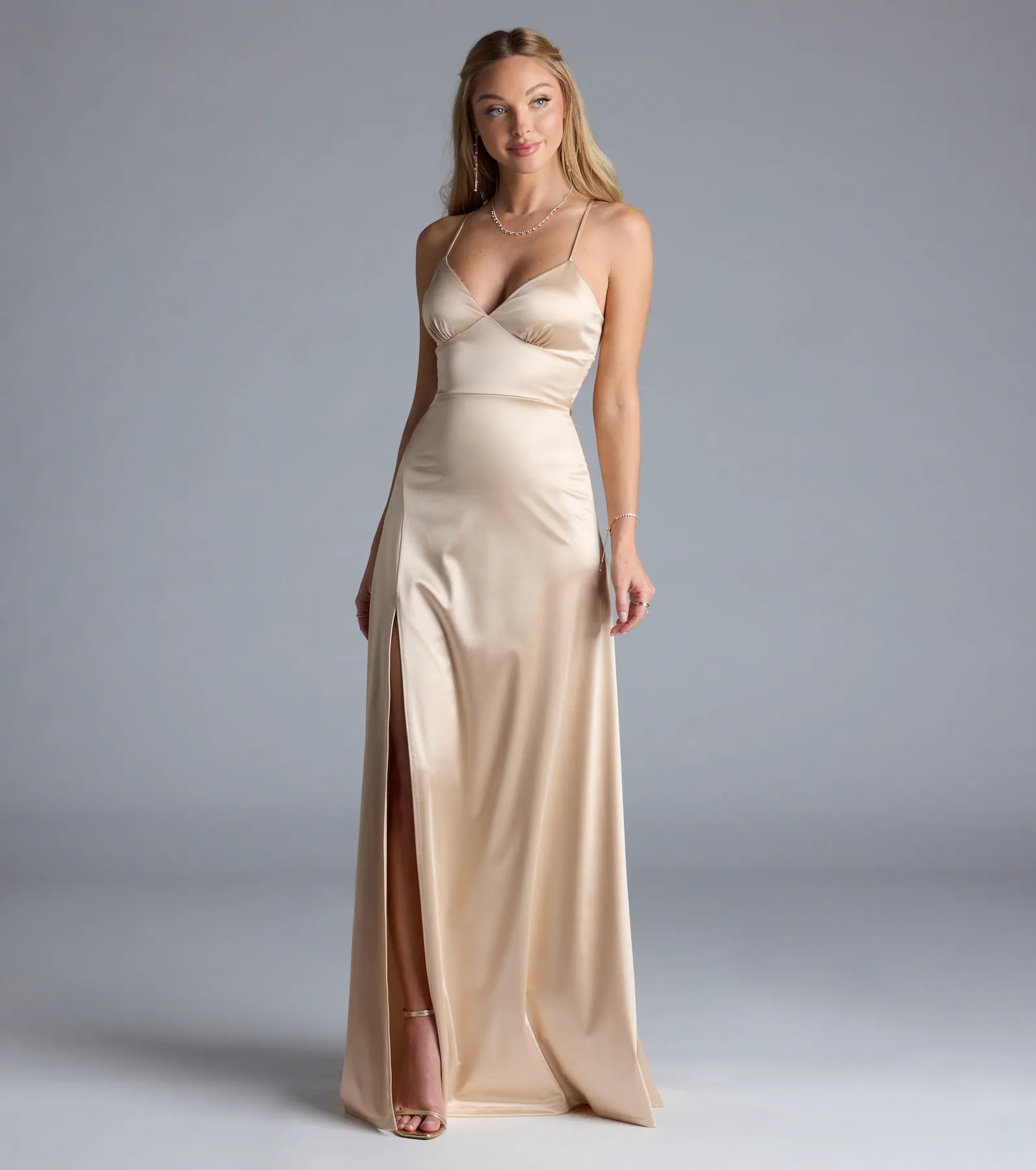 Lynnea Lace-Up Slit A-Line Satin Formal Dress