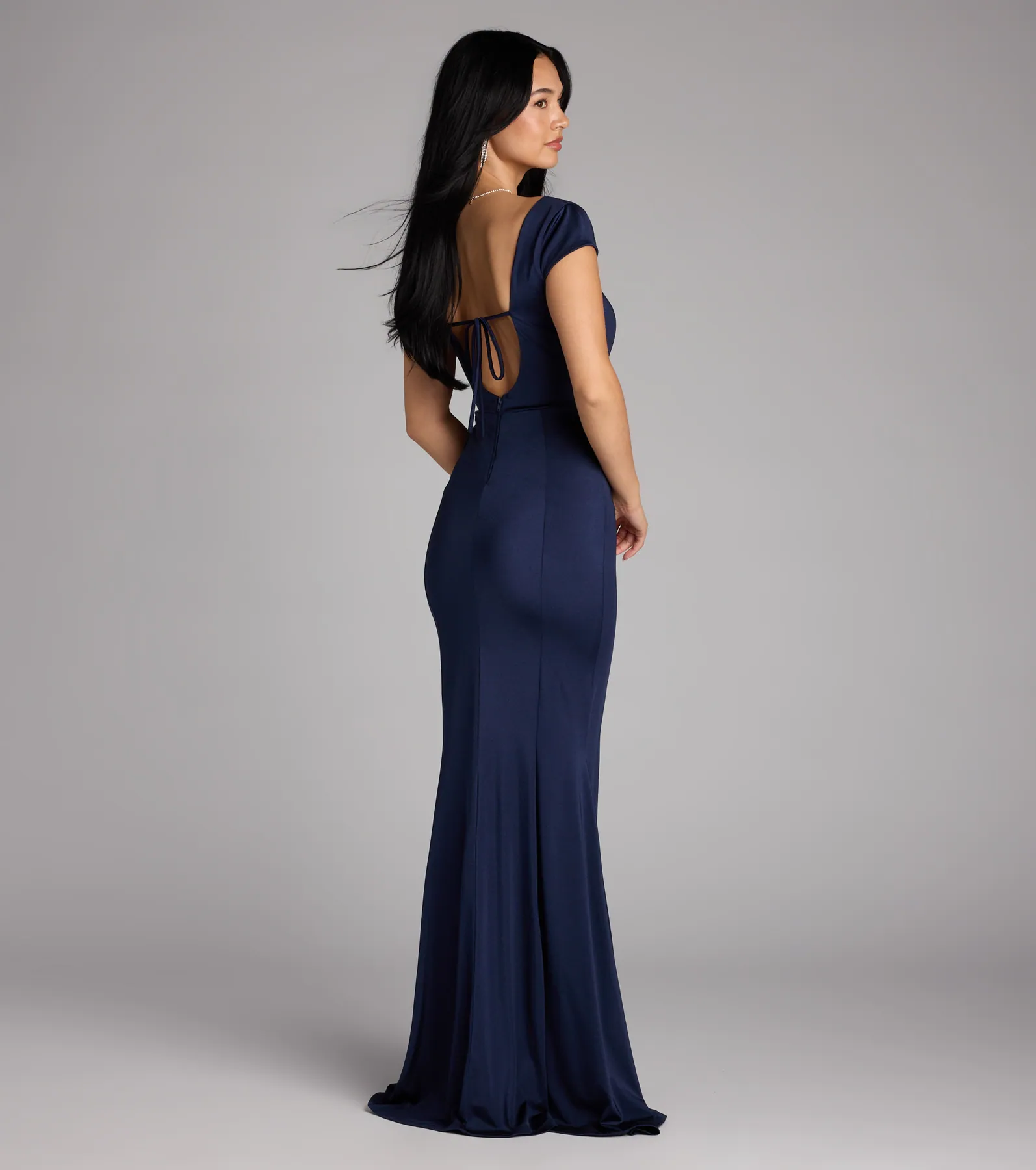 Gloria Cap Sleeve Tie Back Mermaid Formal Dress