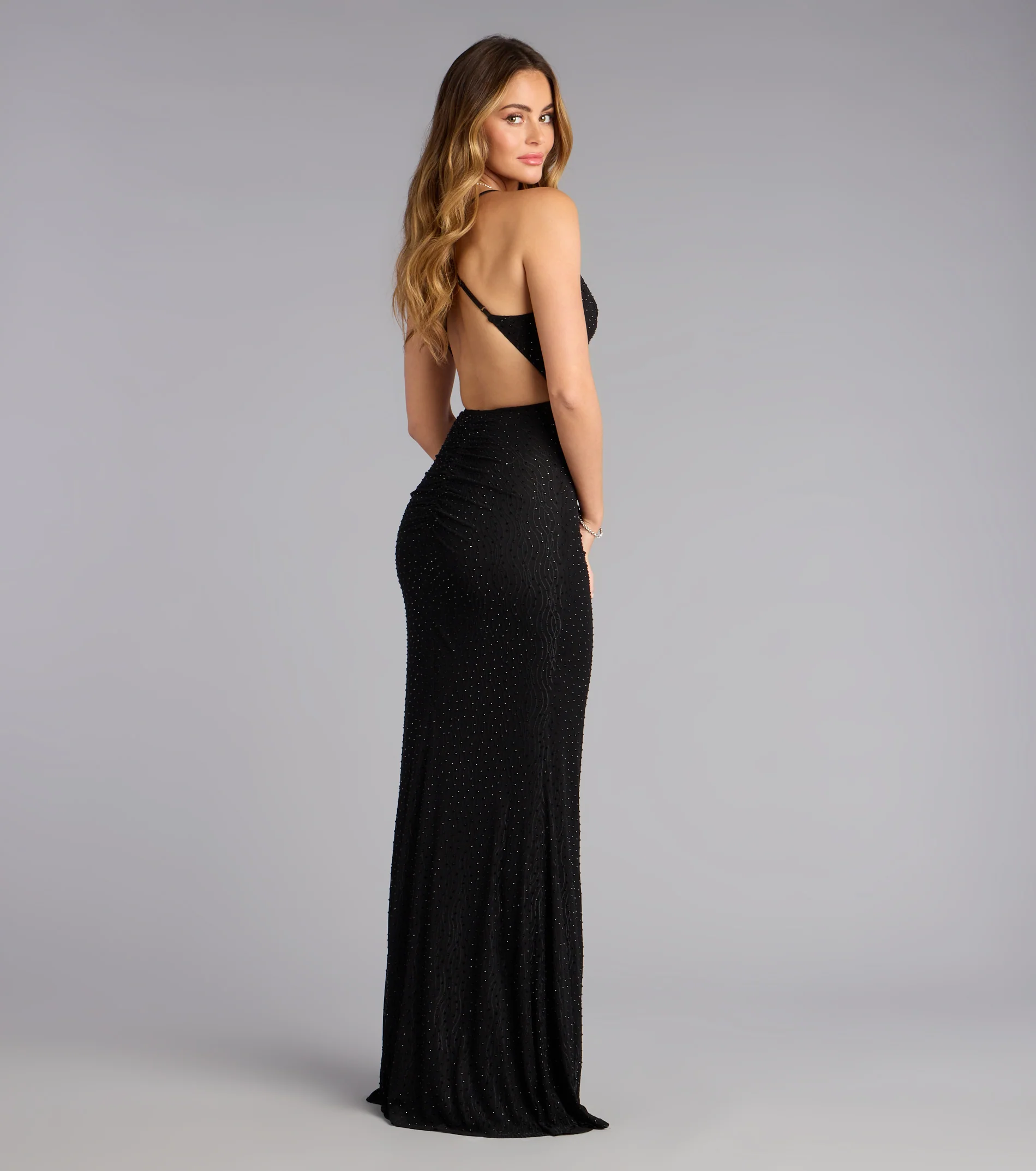 Lyra Rhinestone Mesh Cowl Neck Formal Dress