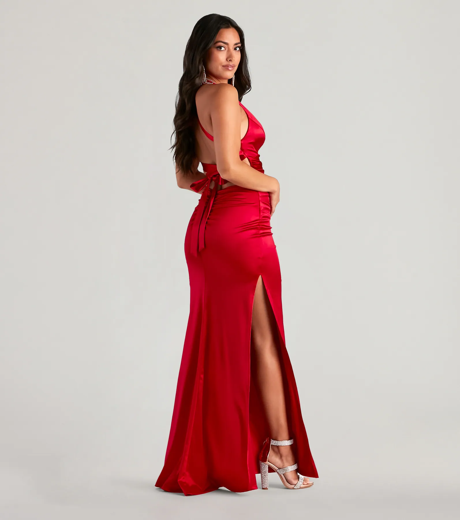 Jamie Lace-Up Satin Formal Column Dress
