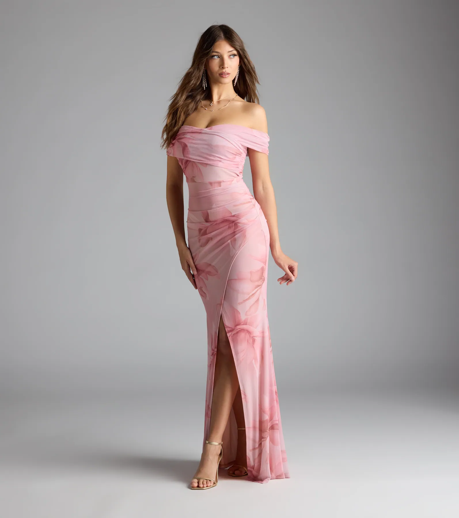 Cornelia Off-The-Shoulder Slit Floral Formal Dress