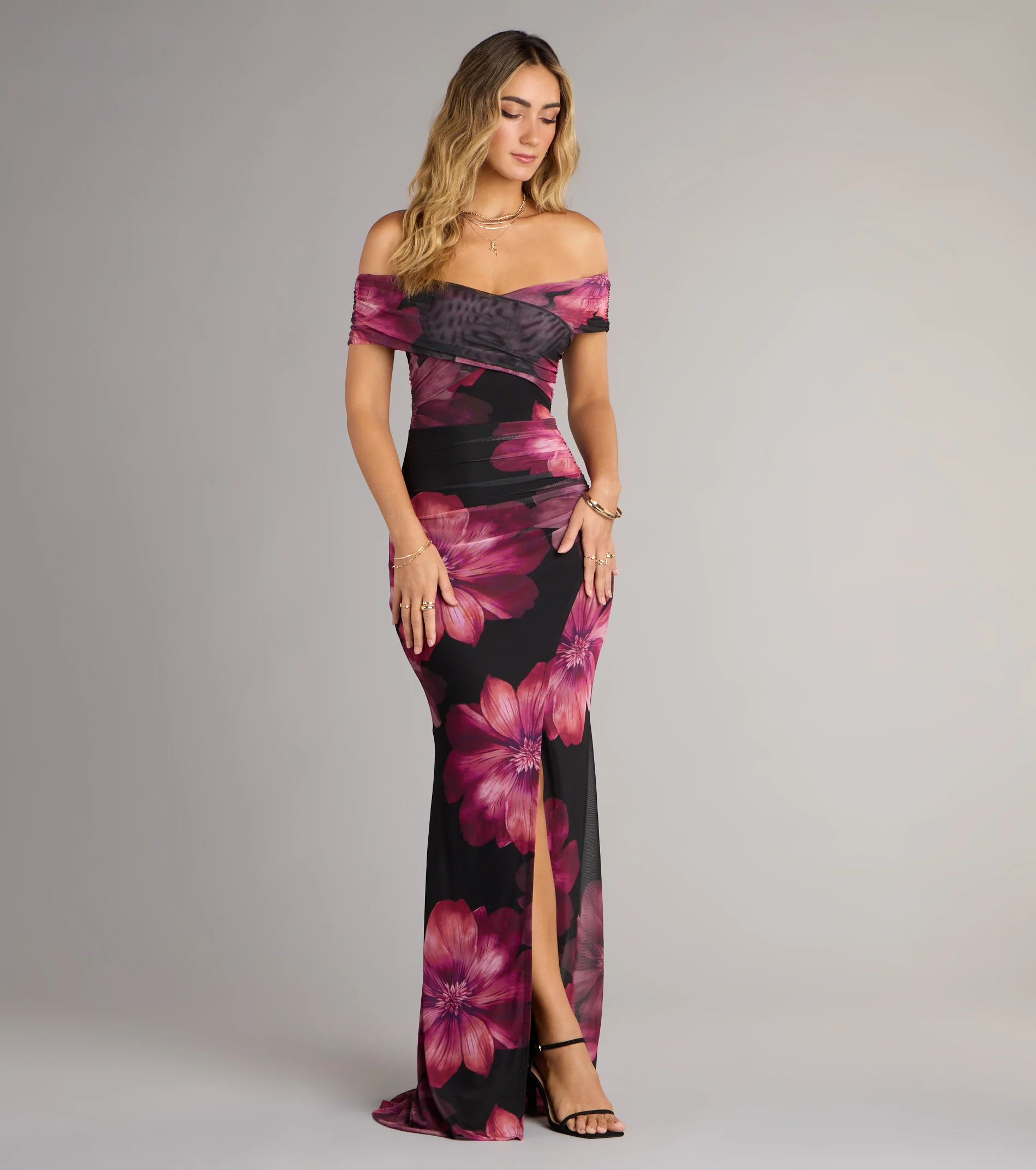 Cornelia Off-The-Shoulder Slit Floral Formal Dress