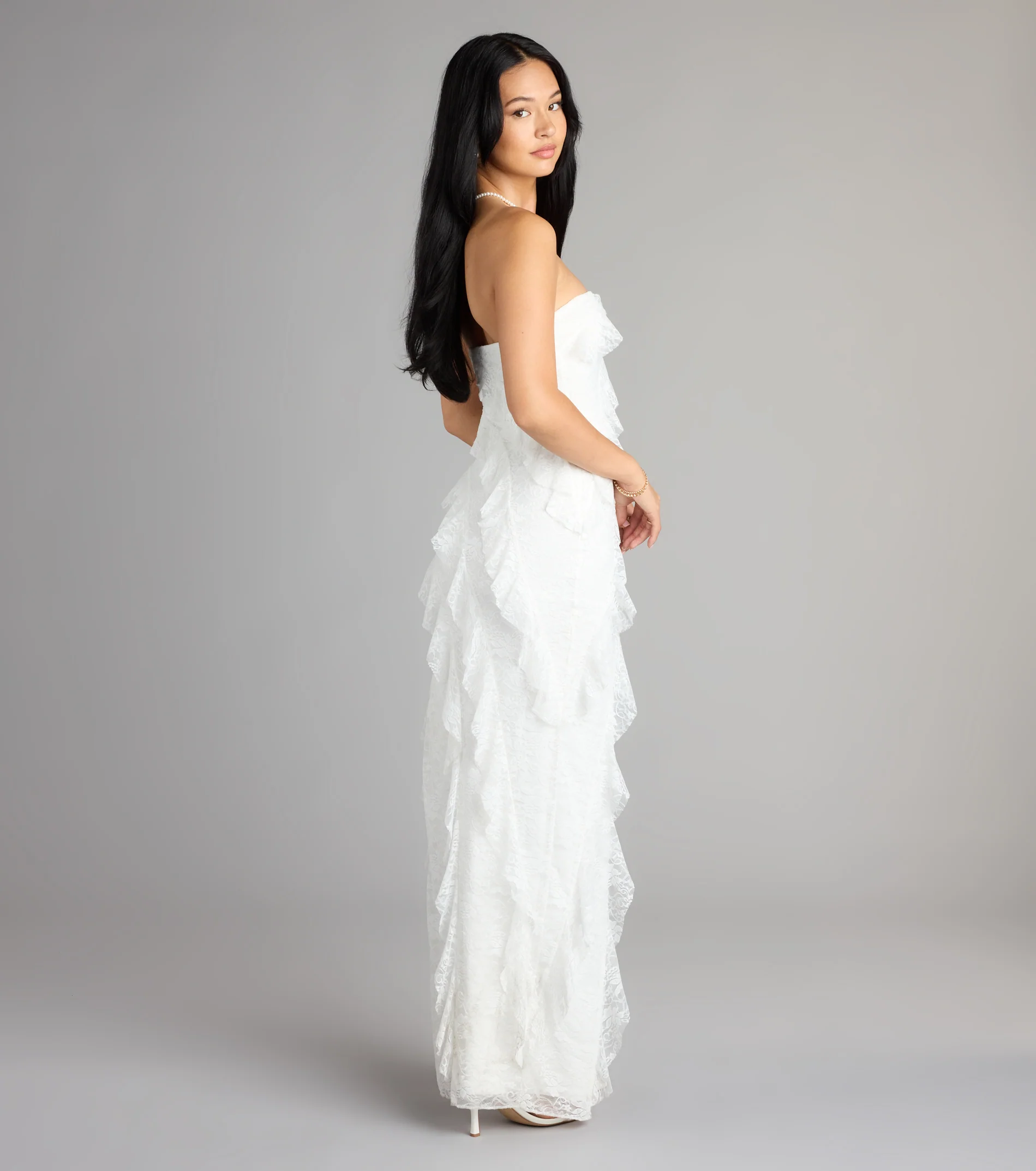 Ellie Ruffled Lace High Slit Formal Dress