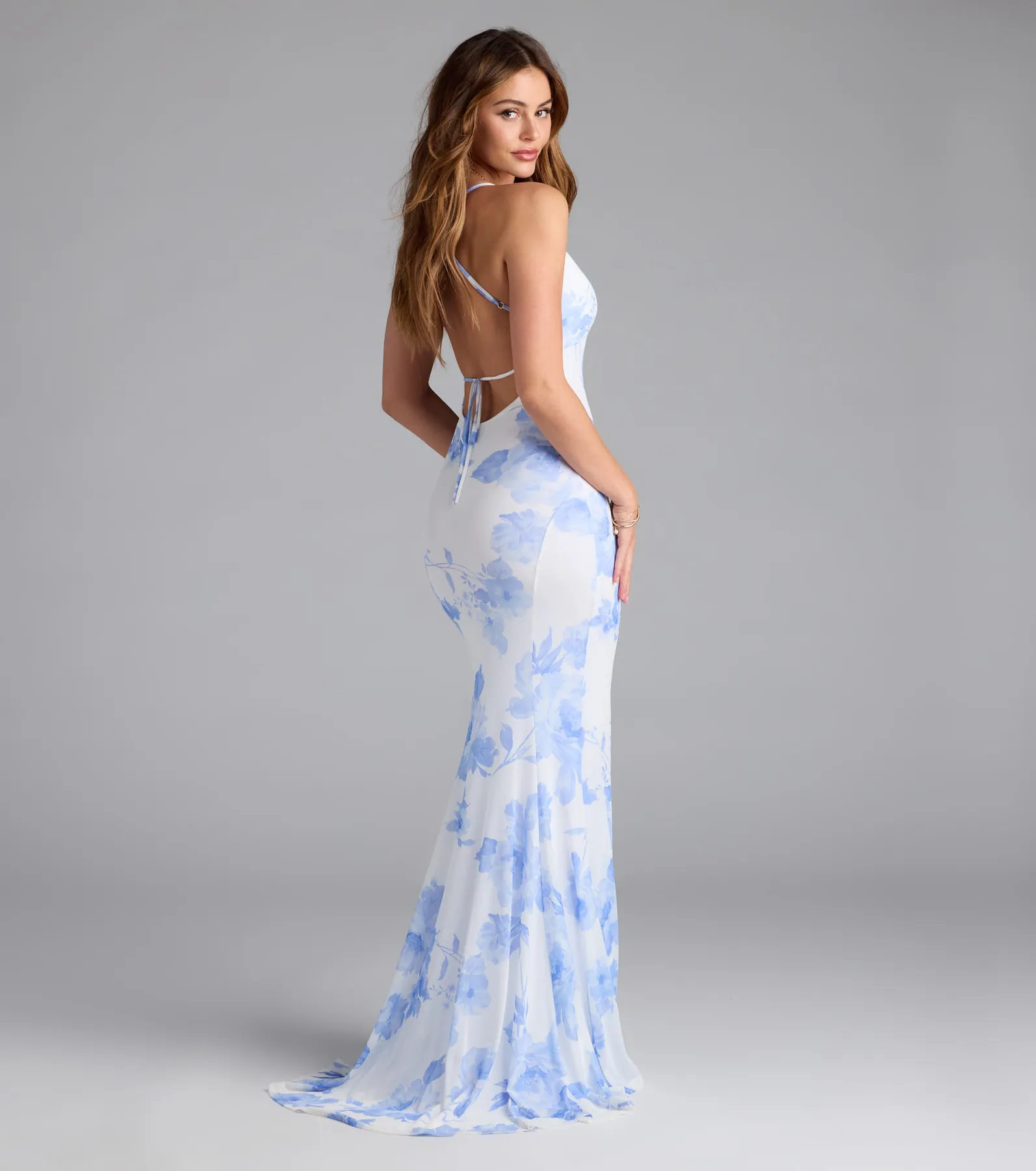 Pascha Strappy Open Back Mermaid Floral Formal Dress