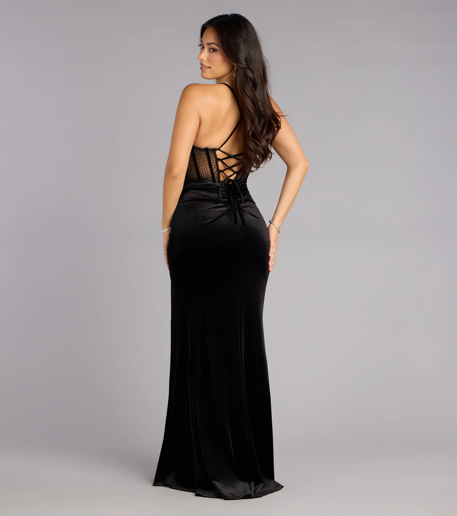 Gabbie Lace-Up Rhinestone Corset Satin Formal Dress