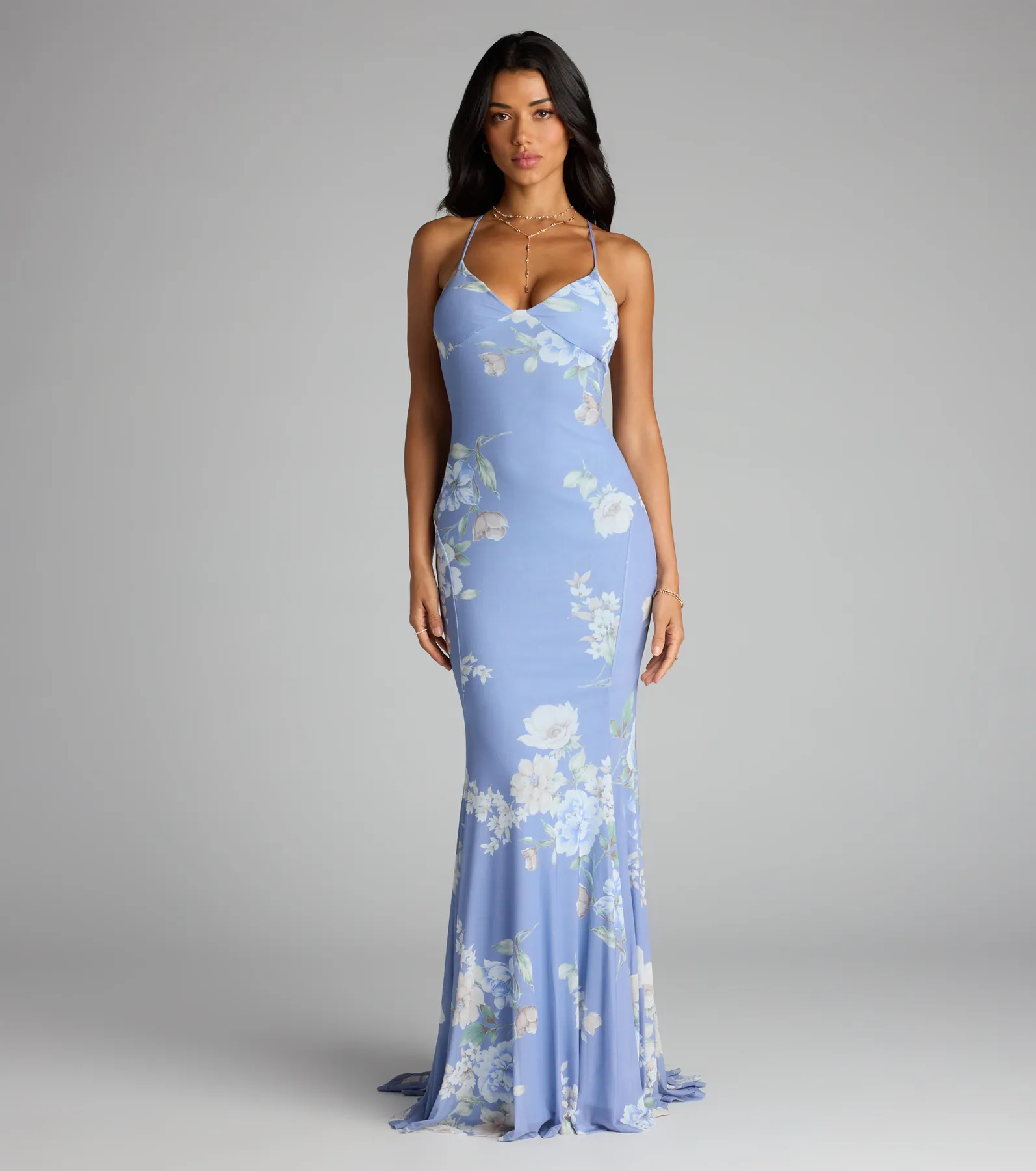 Pascha Strappy Open Back Mermaid Floral Formal Dress