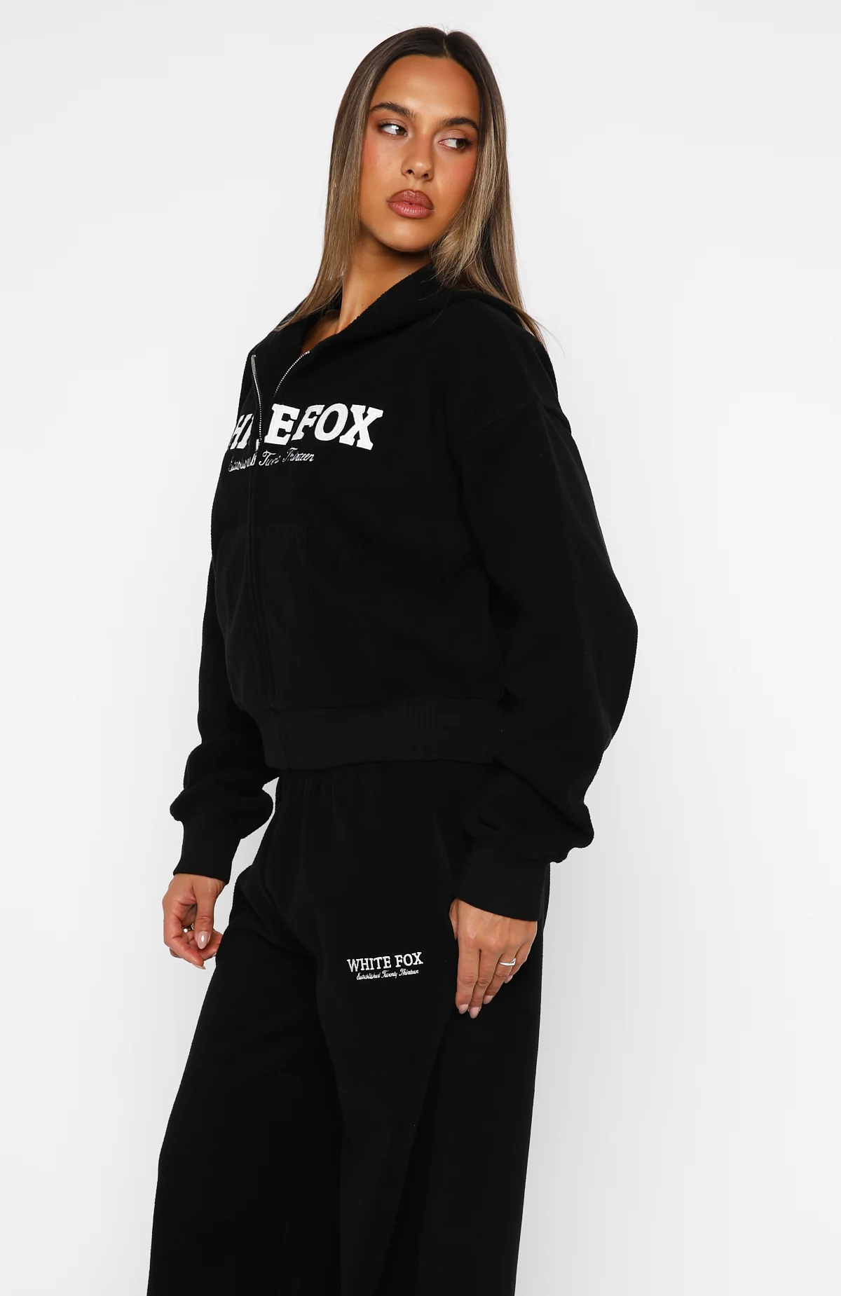 Just For Now Fleece Boxy Zip Front Hoodie Black