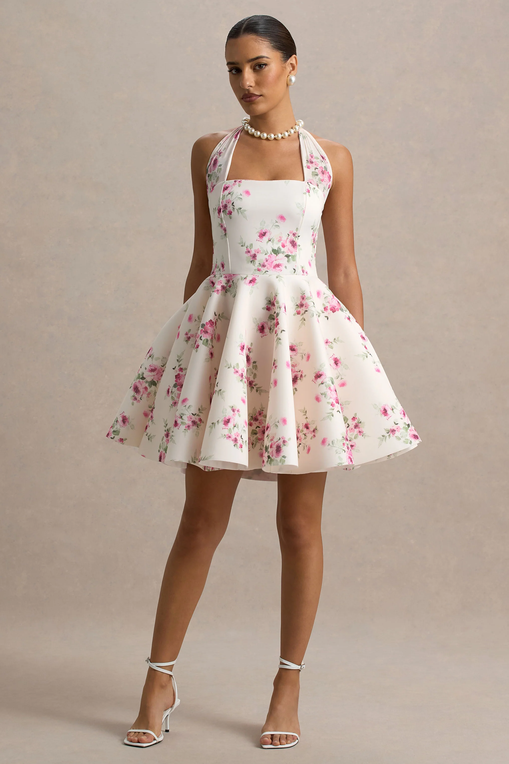 Peggy | Cream and Pink Halter-Neck Skater Mini Dress