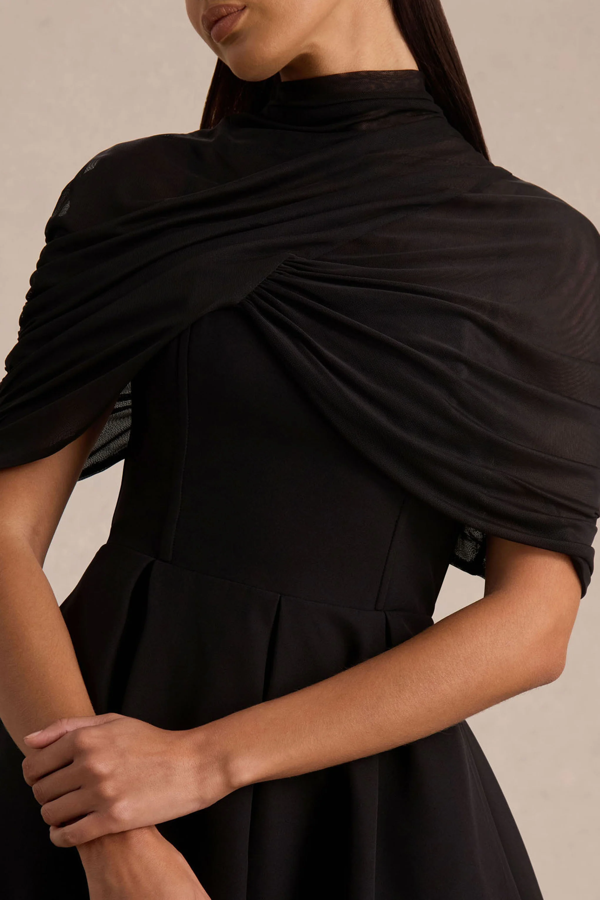Thalia | Black High-Neck Midi Dress With Sheer Mesh Cape