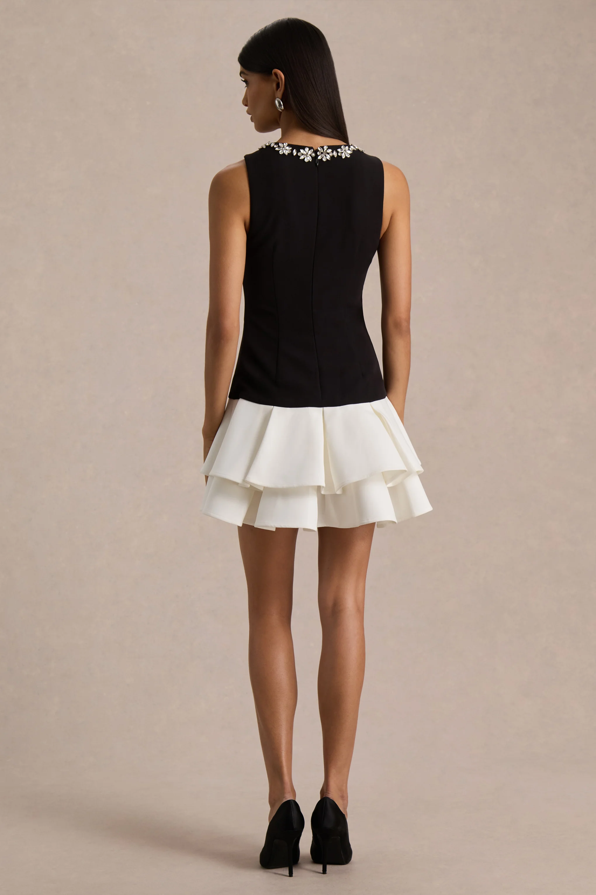 Nalani | Black And White Crew-Neck Mini Dress With Embellishment And Ruffled Detailing