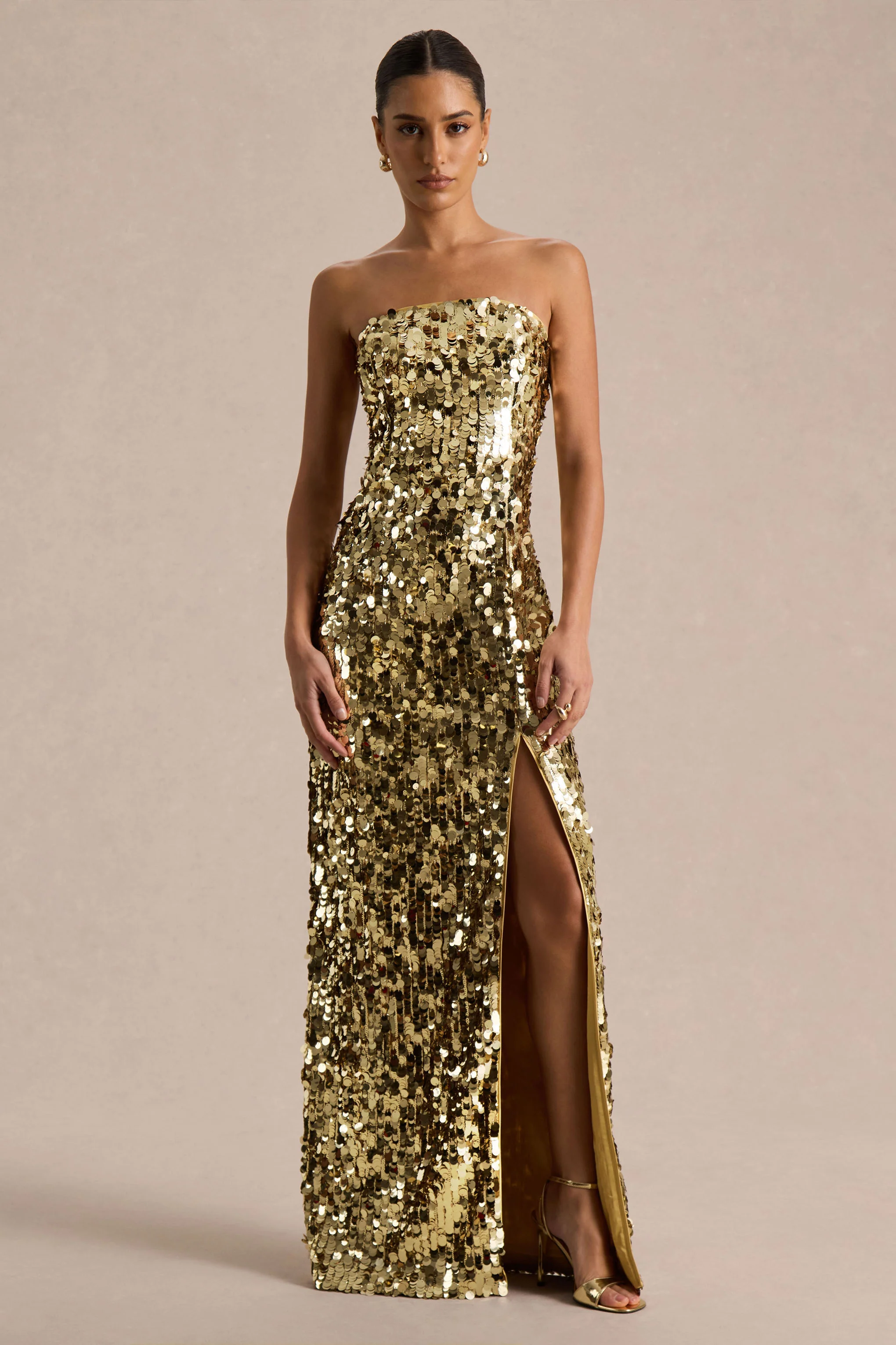 Nerea | Gold Sequin Bandeau Maxi Dress With Front High-Split