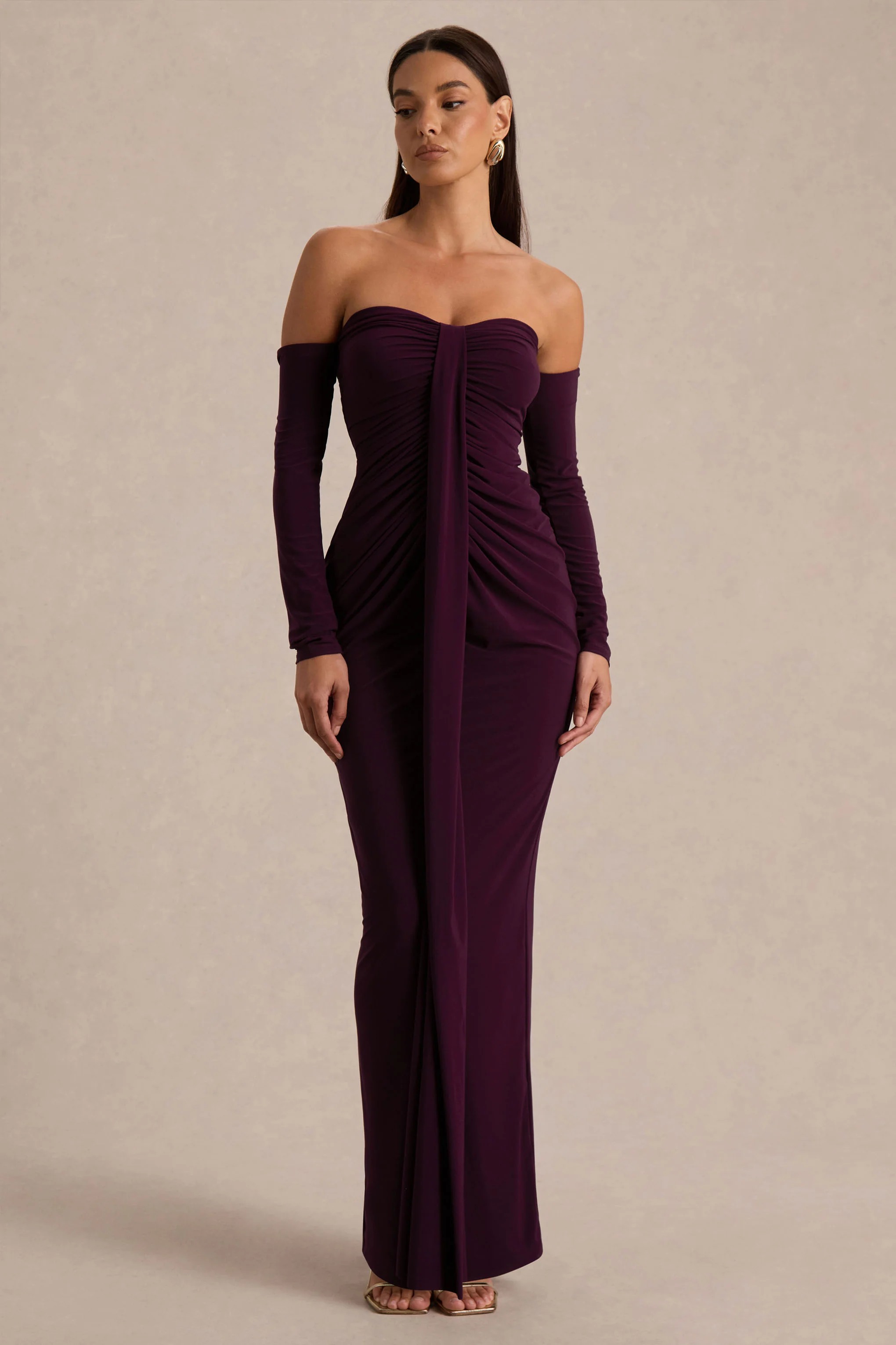 Harper | Plum Bardot-Neck Maxi Dress