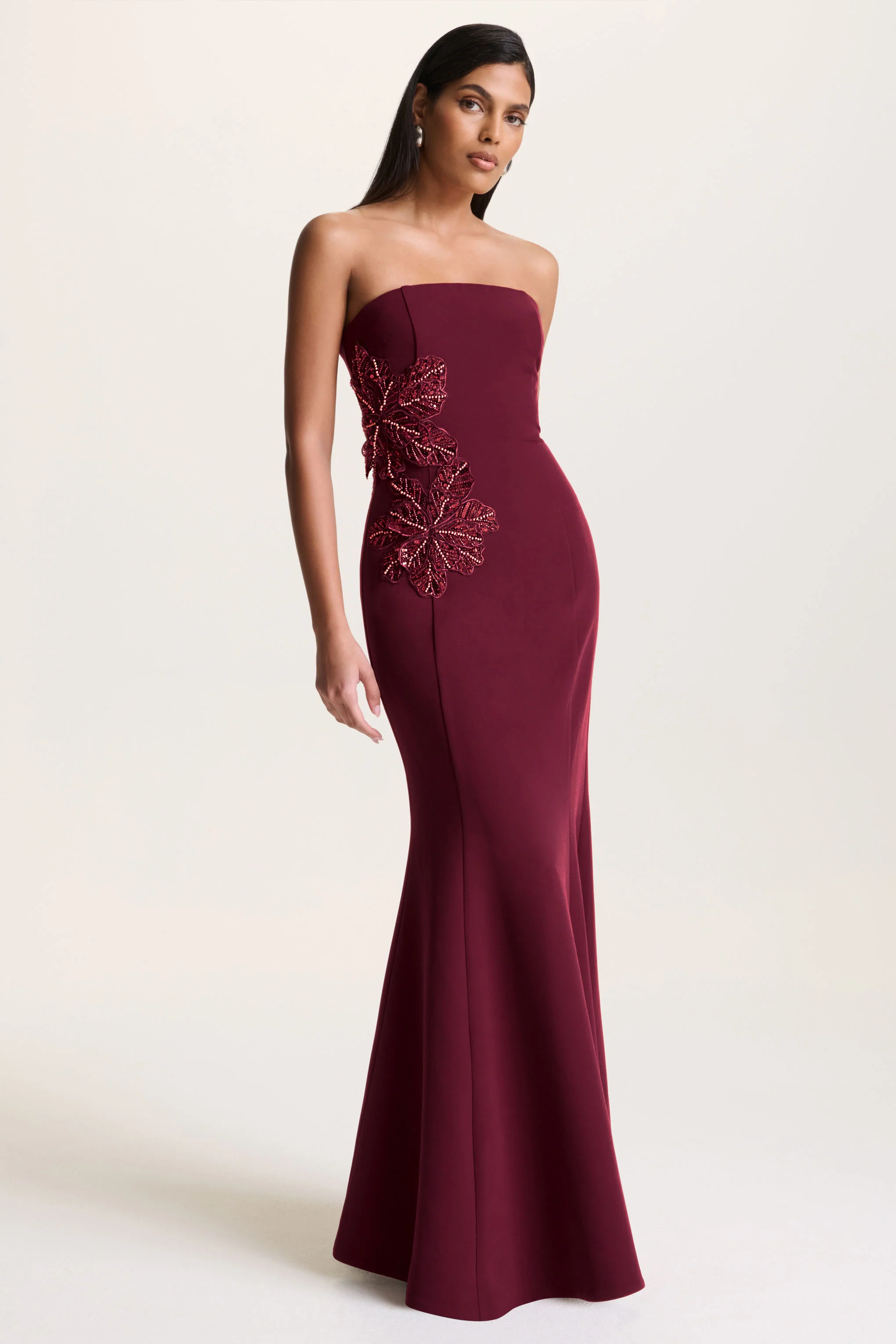 Aylana | Burgundy Bandeau Maxi Dress With Embellished Detail