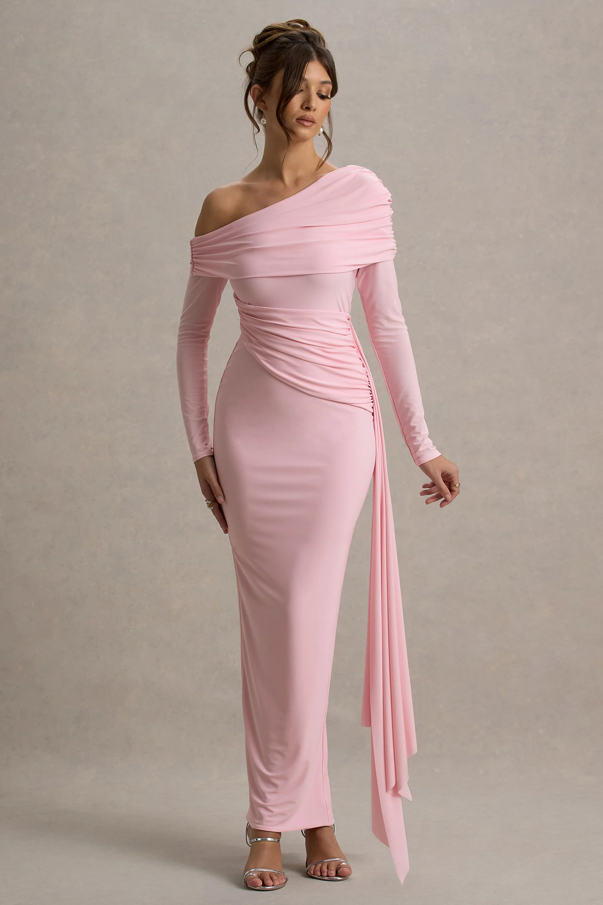 Valina | Pink Ruched Asymmetric Maxi Dress With Drape