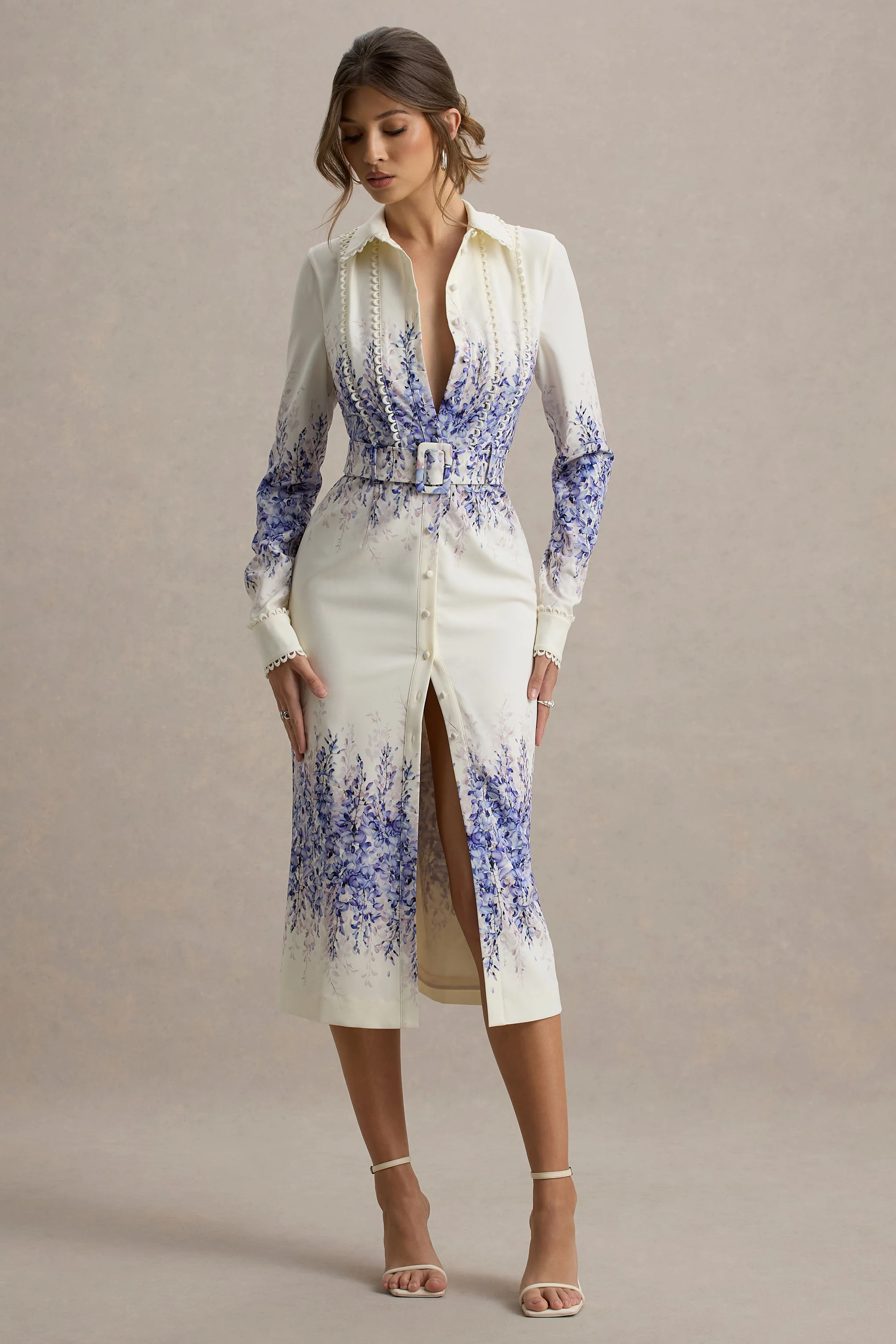 Zephy | Wisteria Print Belted Shirt Midi Dress