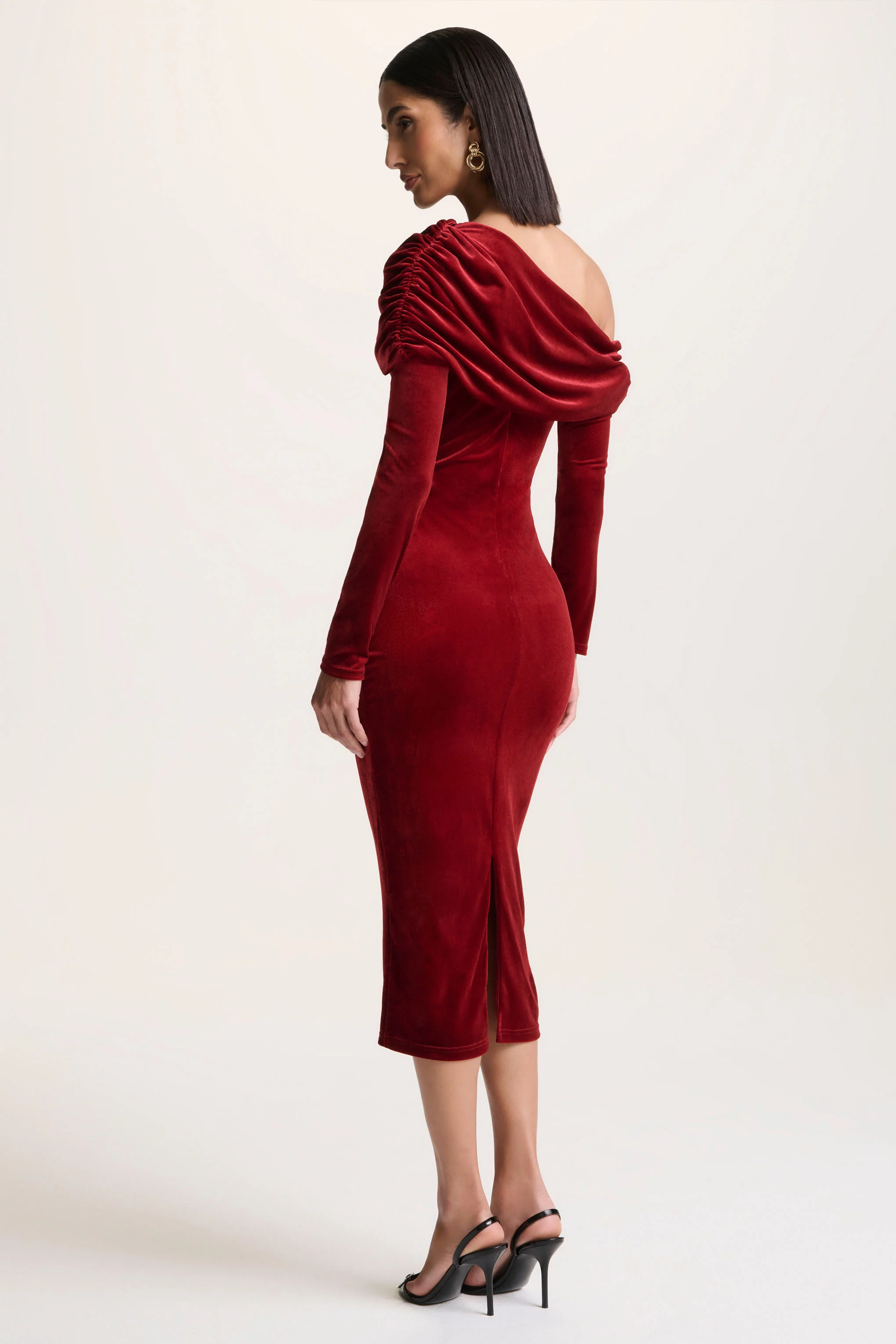 Eirene |  Red Velvet Asymmetric-Neck Midi Dress