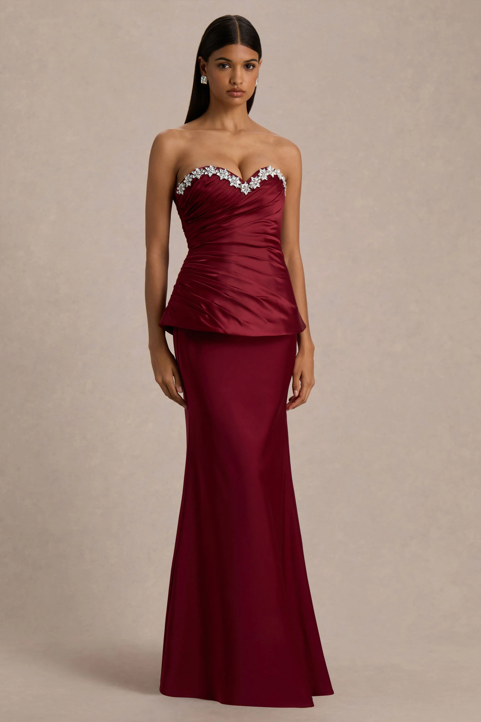 Milia | Burgundy Satin Hand-Embellished Strapless Corset Maxi Dress
