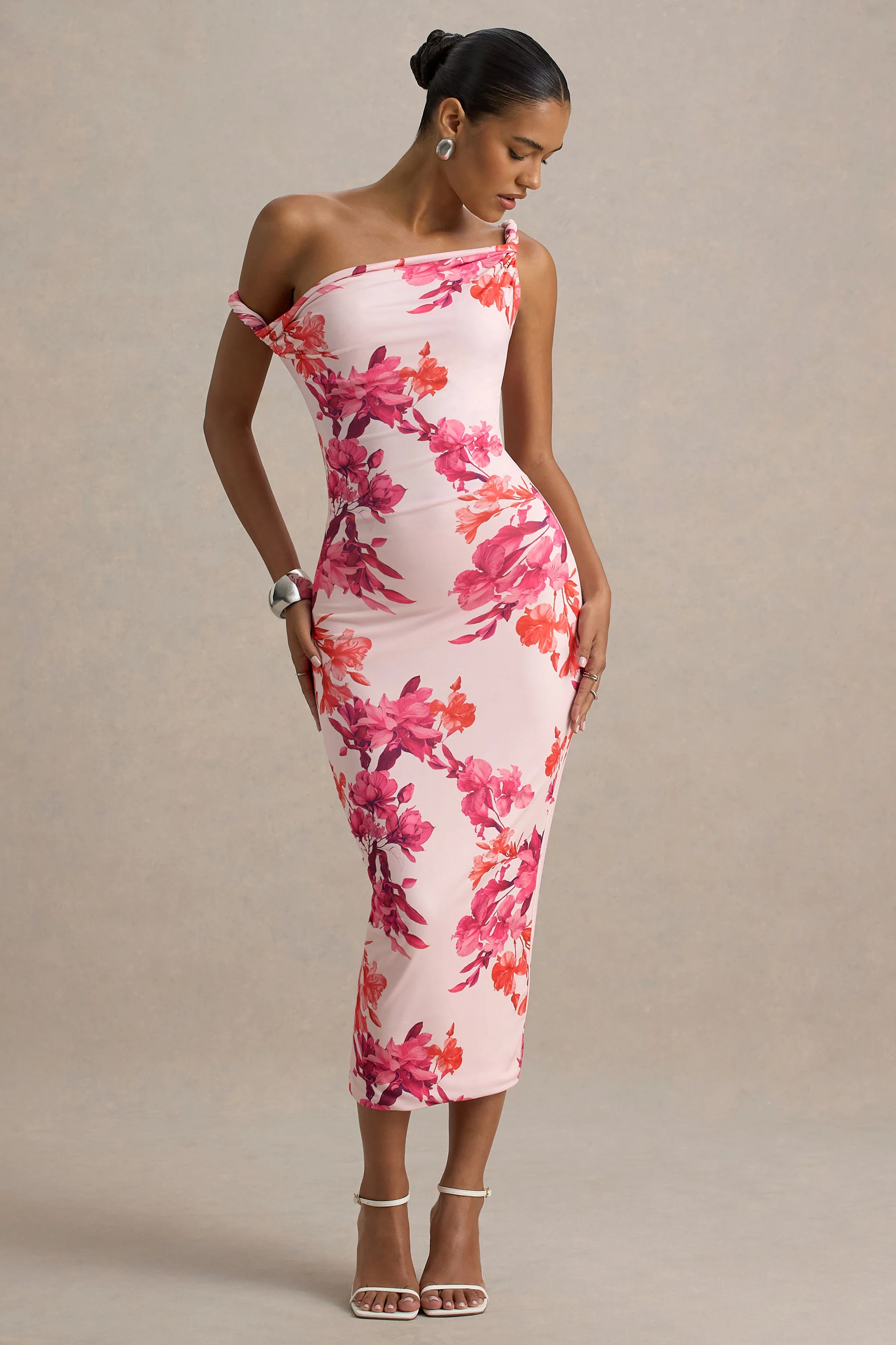 Tatian | Pink and Orange Floral Print Twisted Asymmetric Midi Dress