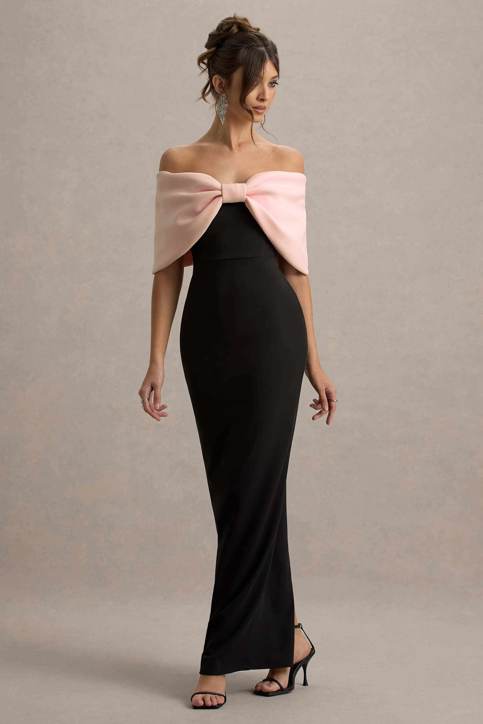Cornelia | Pink & Black Strapless Maxi Dress With Oversized Bow