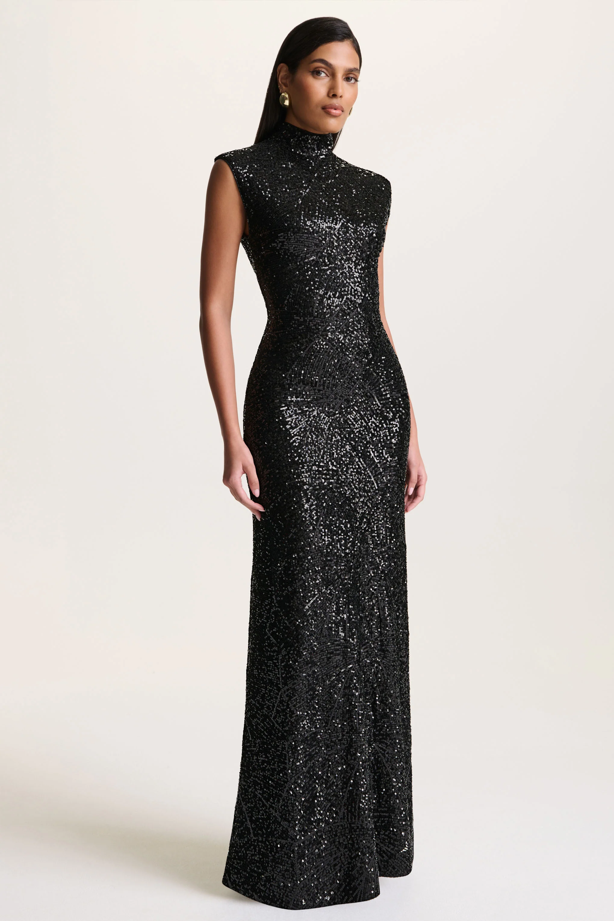 Cecy | Black Sequin High-Neck Maxi Dress With Cap Sleeves