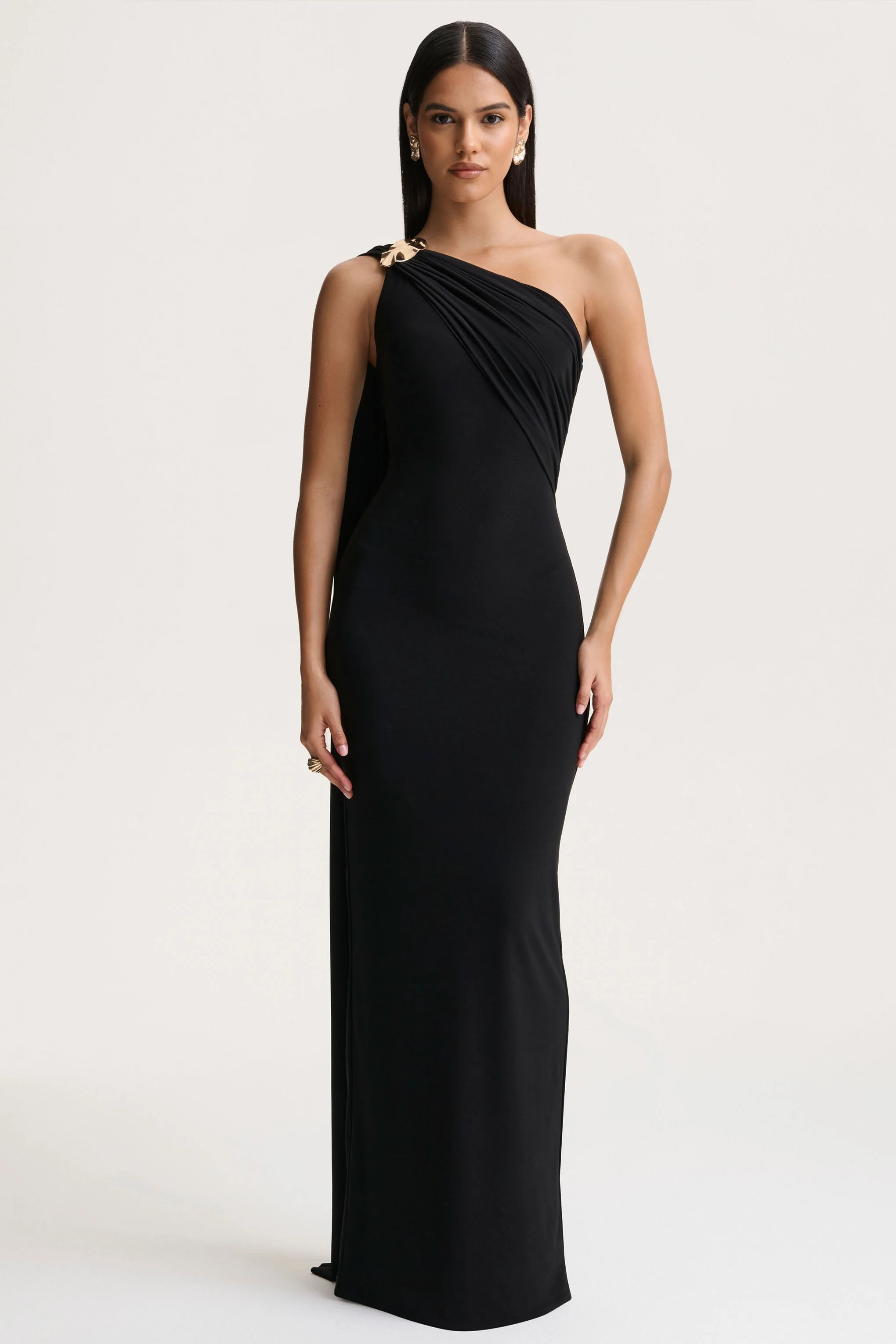 Mandy | Black Asymmetric-Neck Maxi Dress