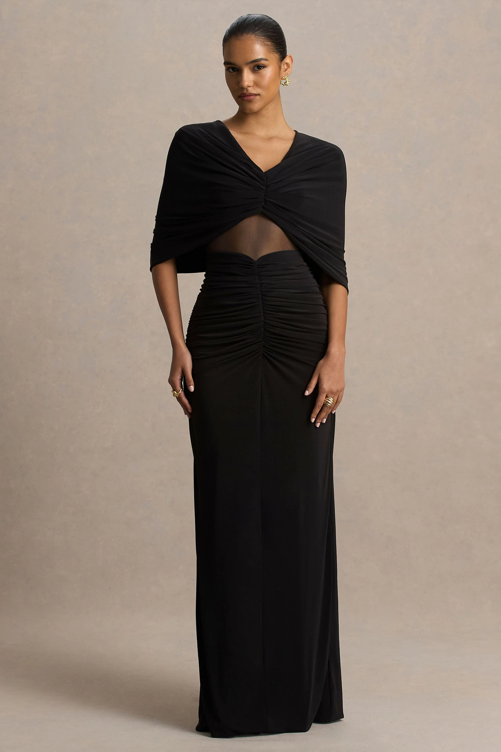 Zinnie | Black Cape-Sleeve Maxi Dress With Mesh Panel