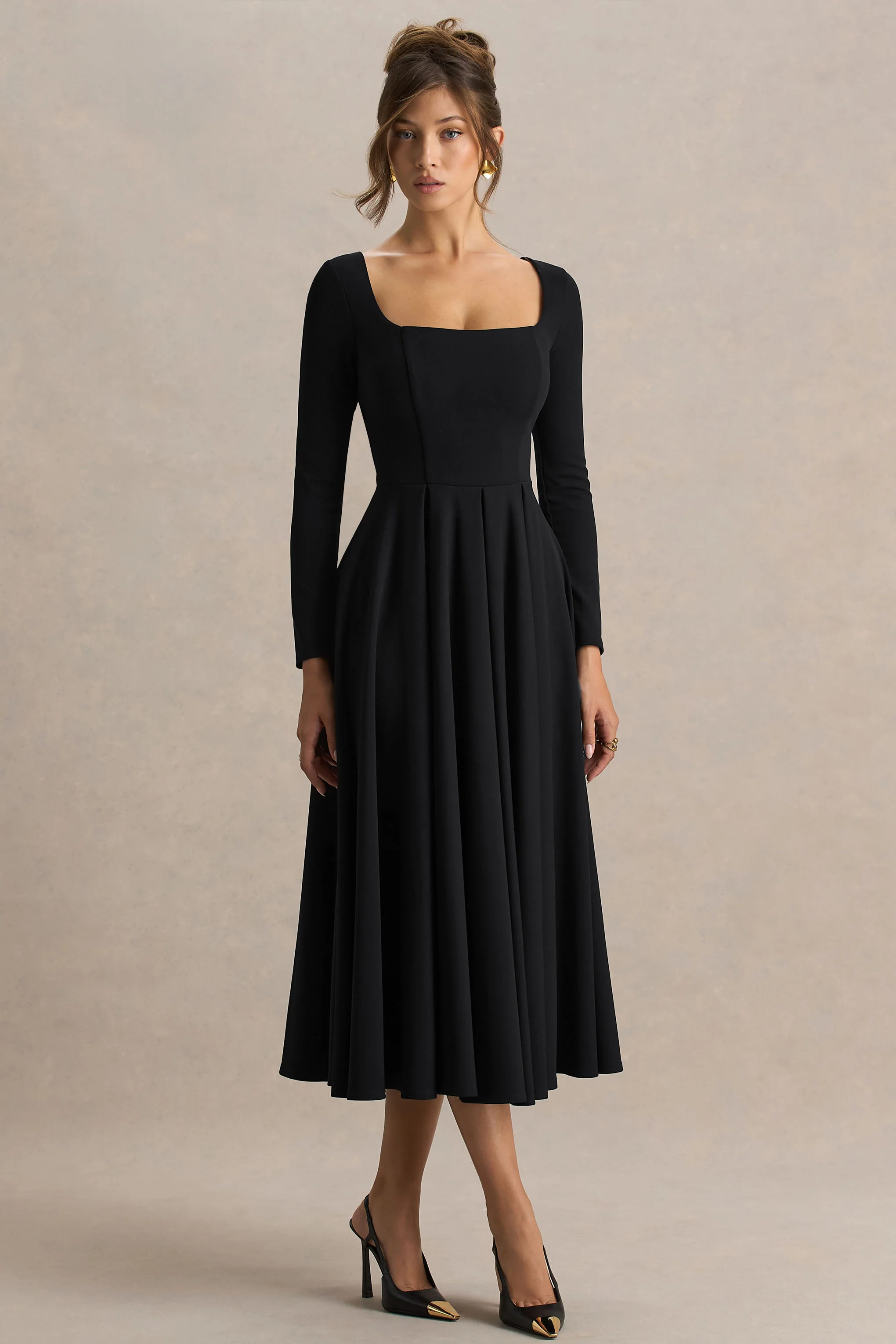 Alison | Black Square-Neck A-Line Midi Dress