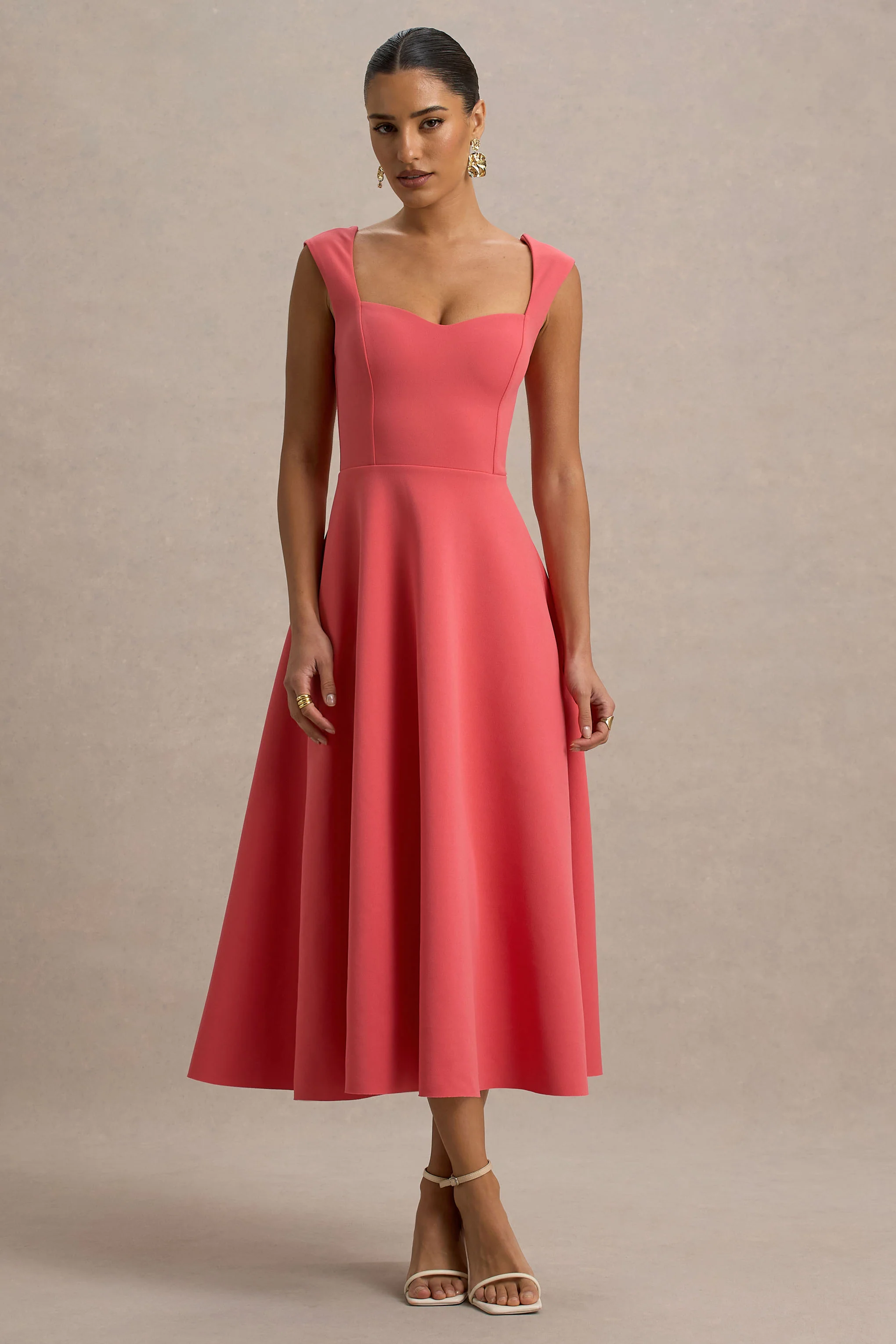 Andromeda | Coral Sweetheart-Neck Midi Dress
