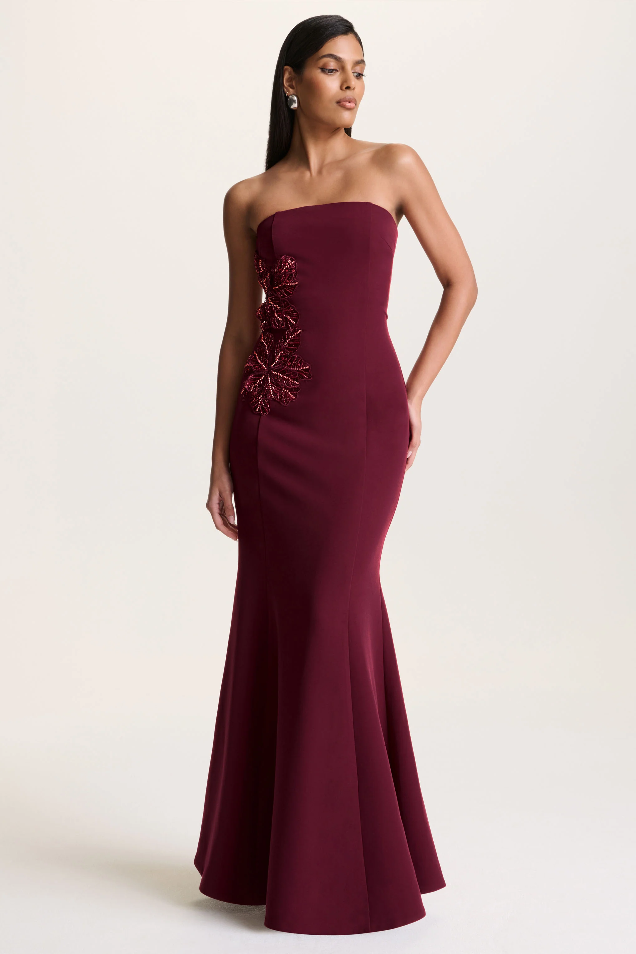 Aylana | Burgundy Bandeau Maxi Dress With Embellished Detail