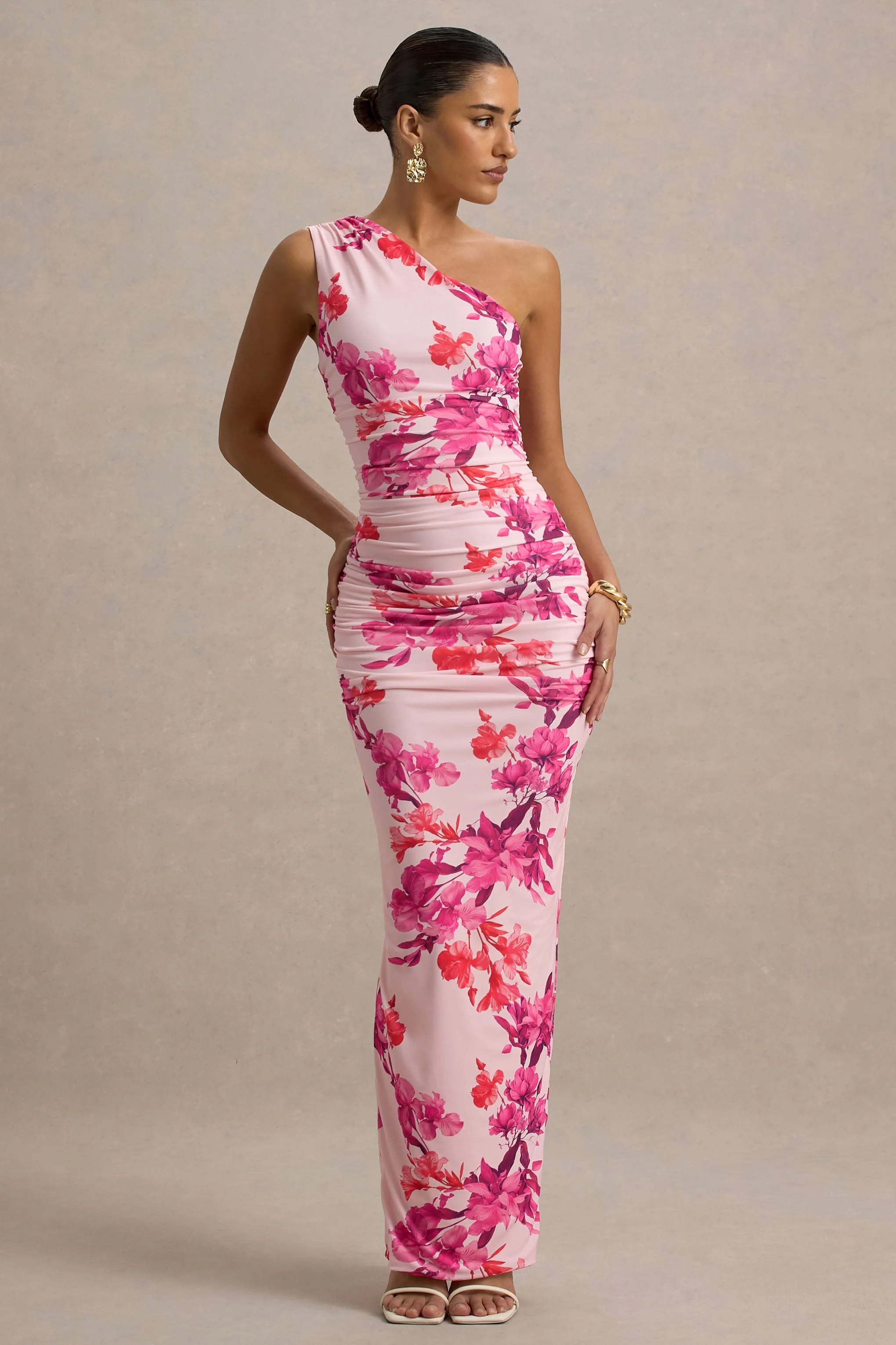 Dalarie | Pink and Orange Floral Print One-Shoulder Gathered Maxi Dress