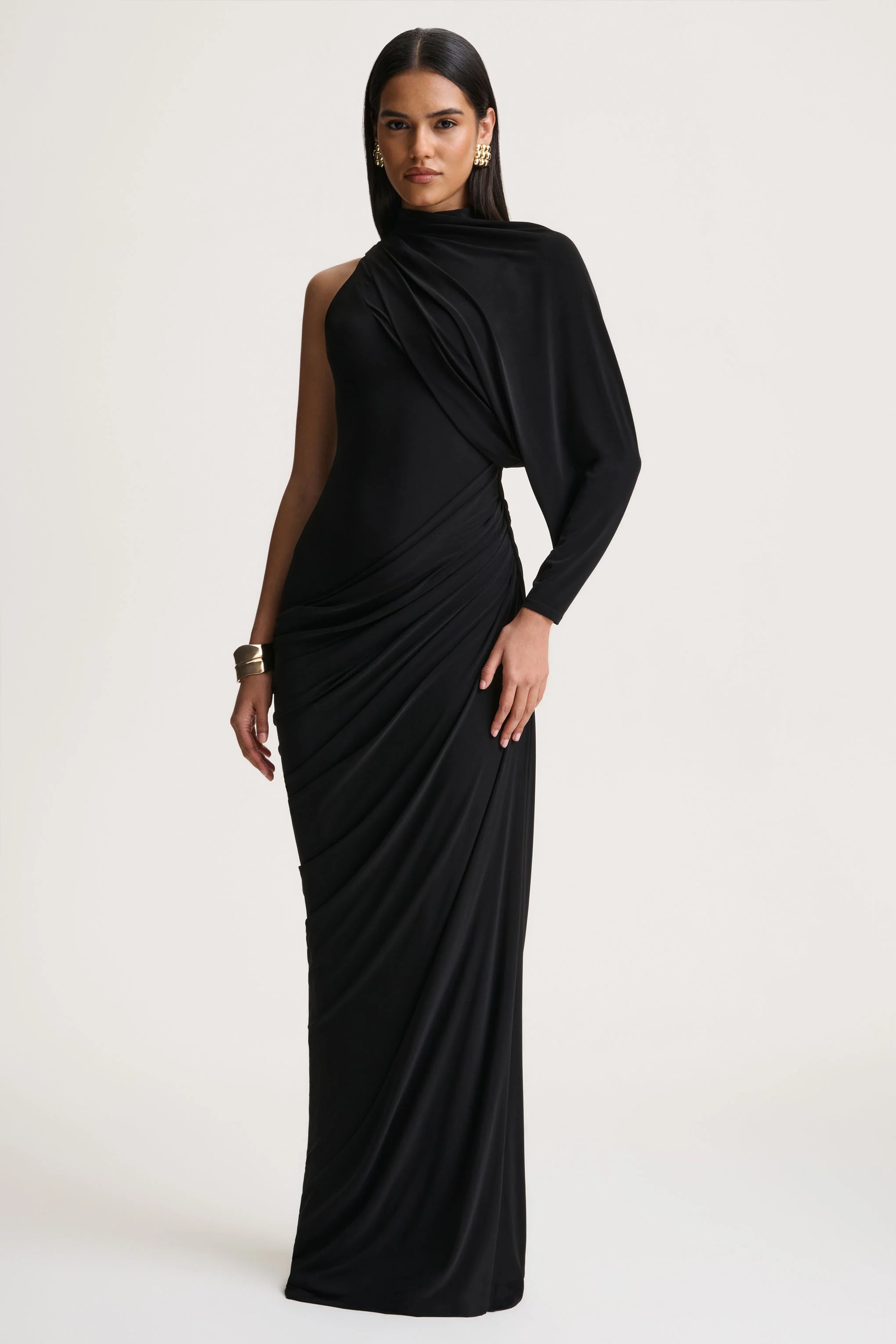 Aphra | Black High-Neck Maxi Dress With Cape-Sleeve