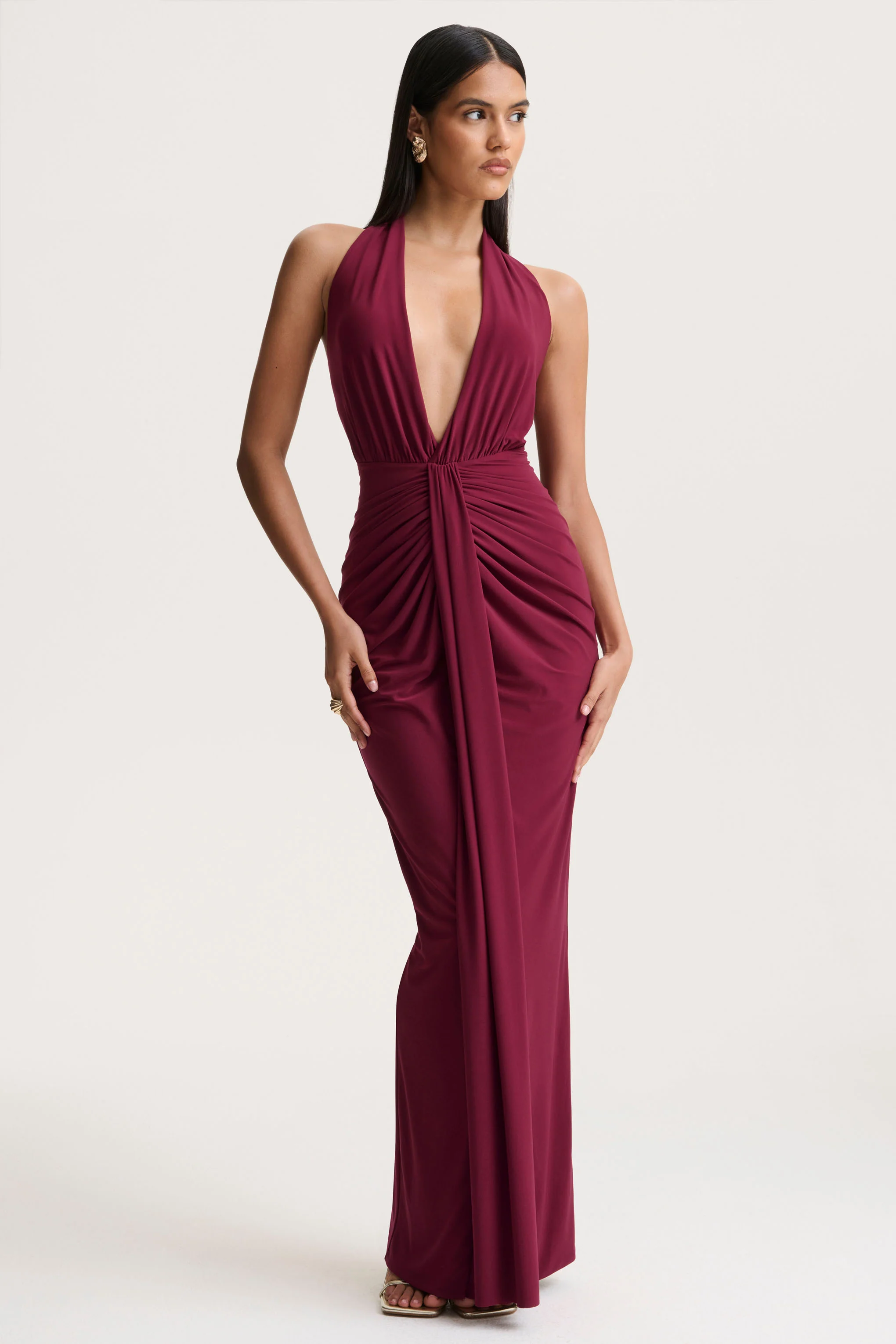 Lesley | Burgundy Plunge-Neck Maxi Dress