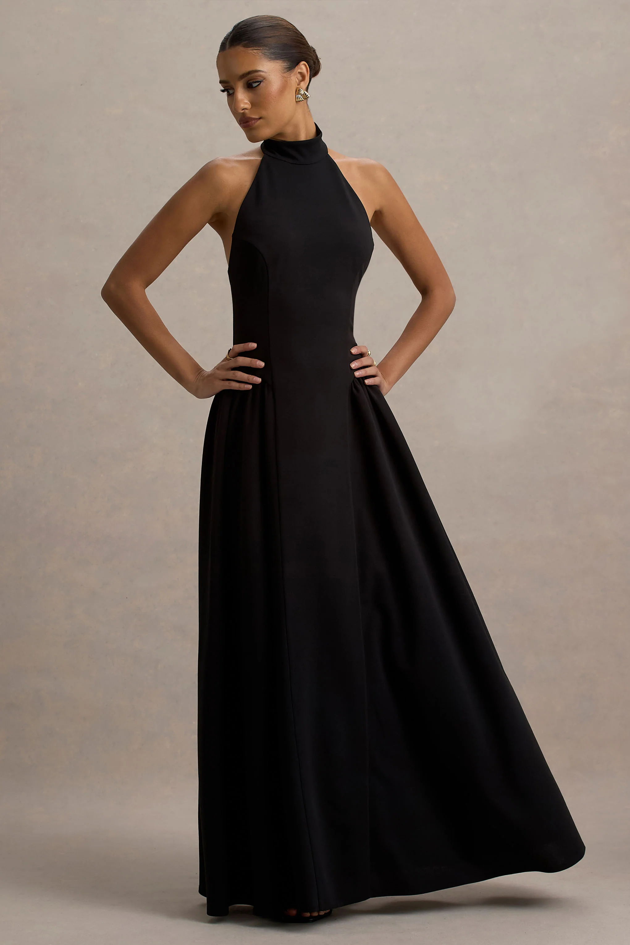 Cynthia | Black High-Neck Maxi Dress With Volume Skirt