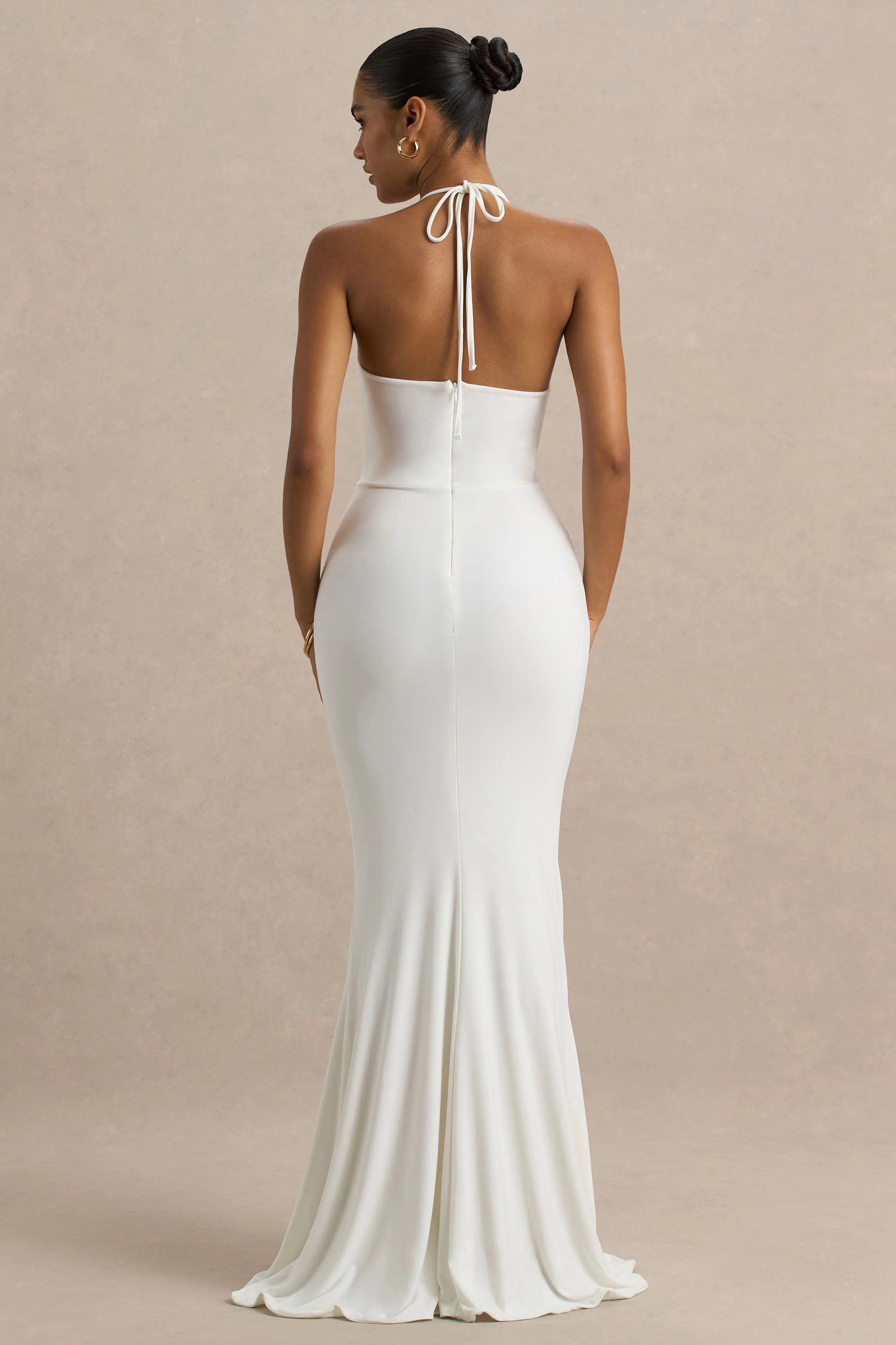 Lucena | White Cowl-Neck Maxi Dress With Corsage Detail And Front High Split