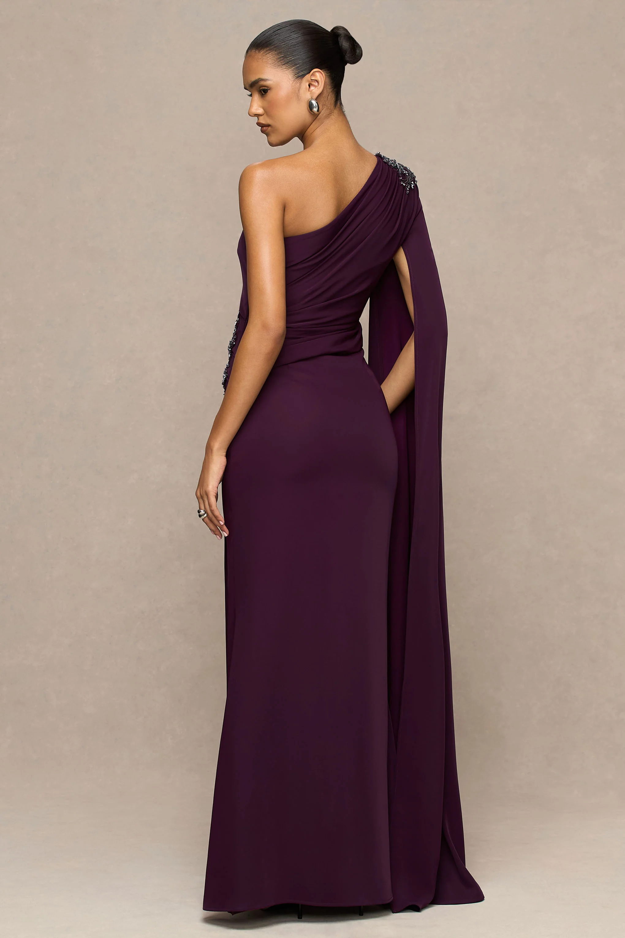 Solace | Dark Plum Asymmetric-Neck Maxi Dress With Front-High Split