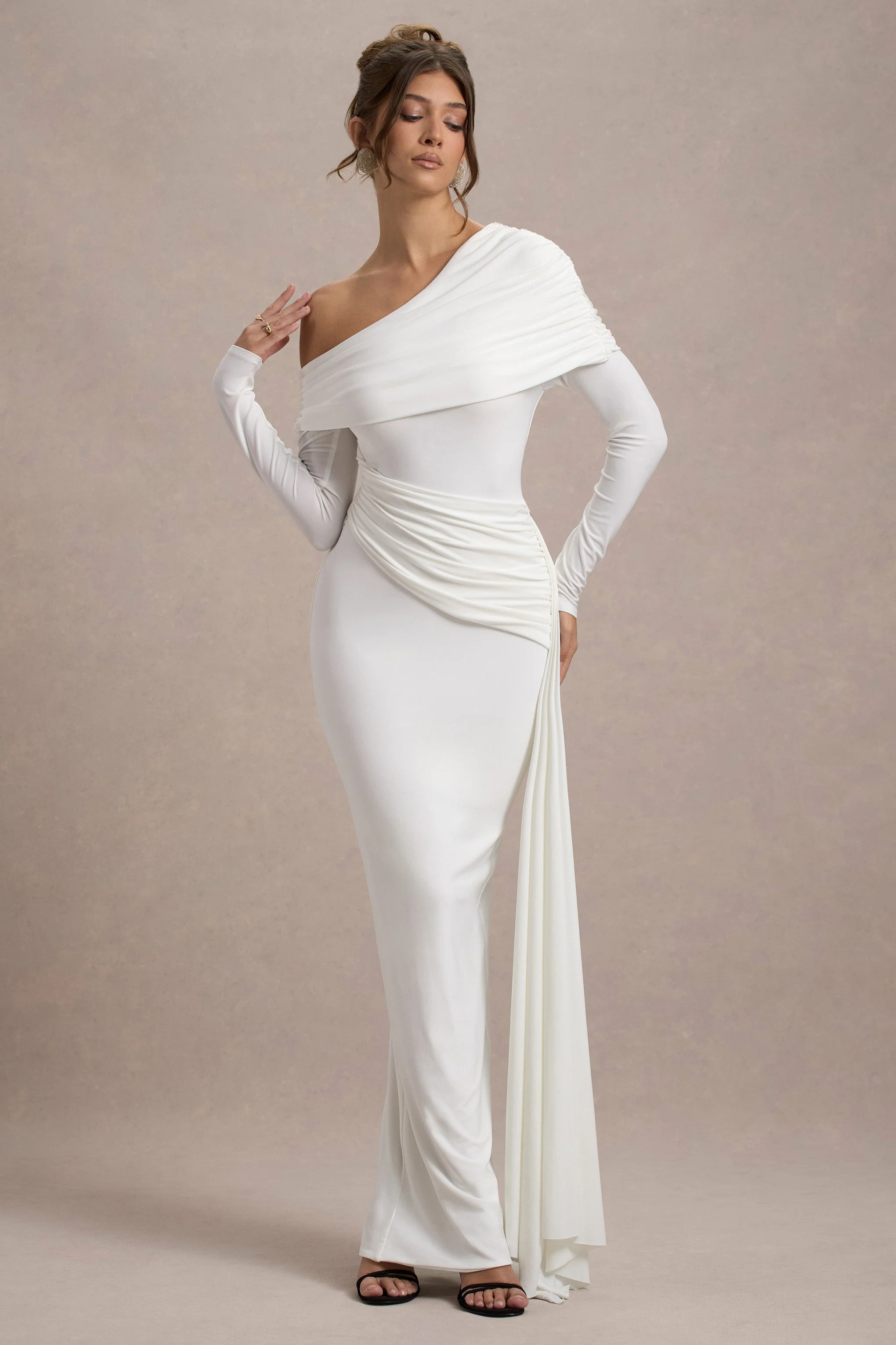 Valina | White Ruched Asymmetric Maxi Dress With Drape