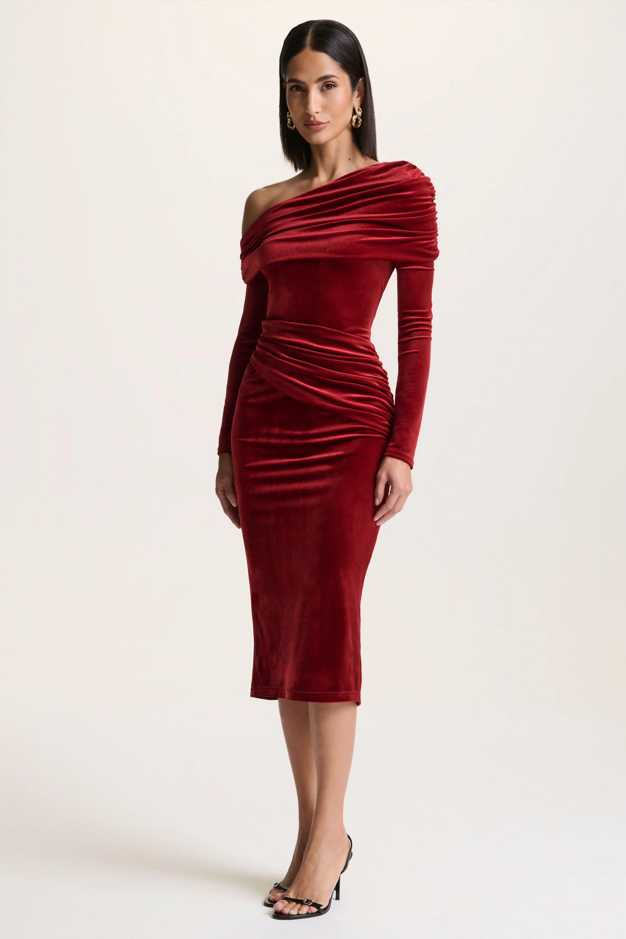 Eirene |  Red Velvet Asymmetric-Neck Midi Dress