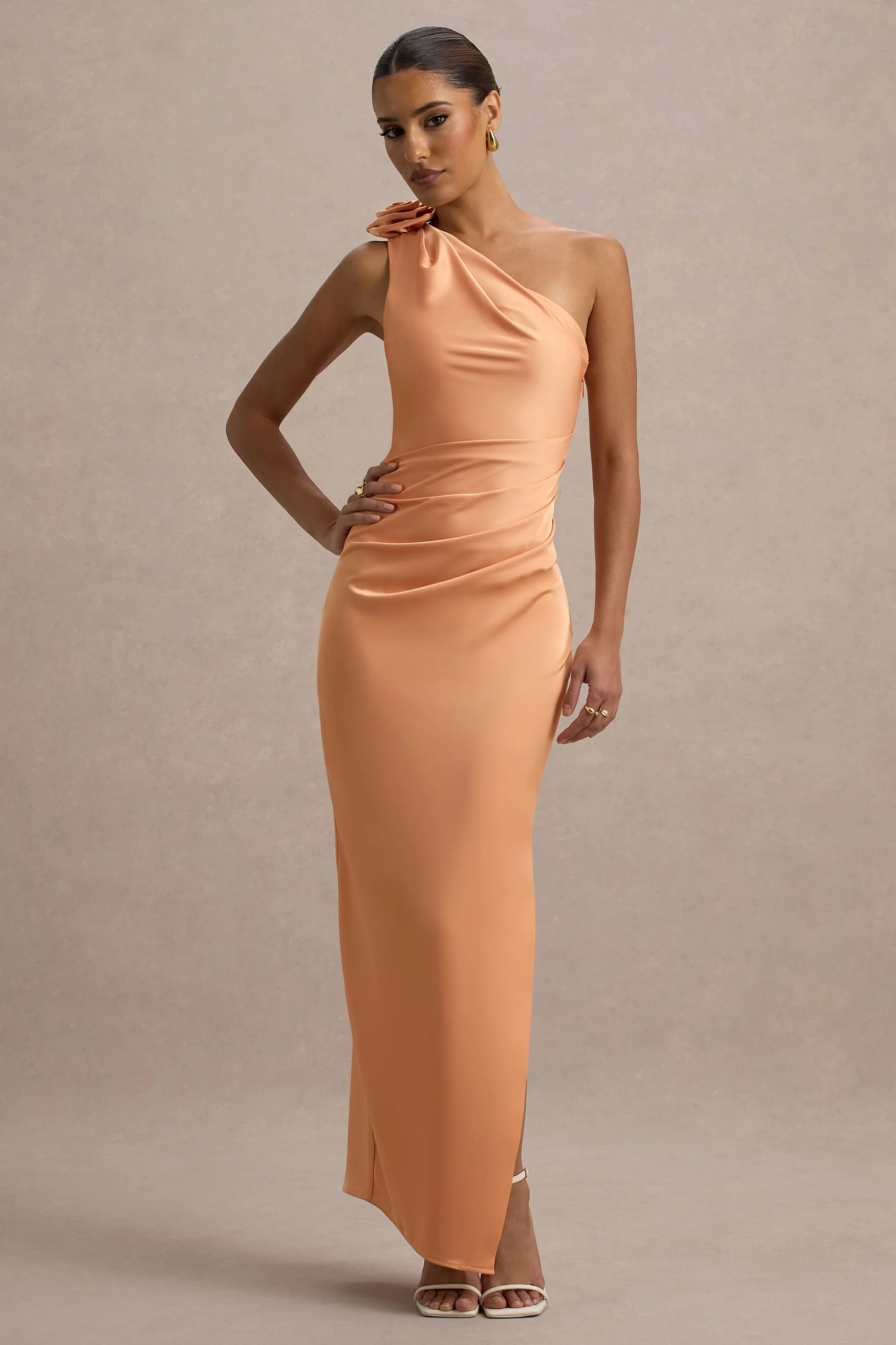 Janette | Peach Satin One-Shoulder Split Maxi Dress With Corsage
