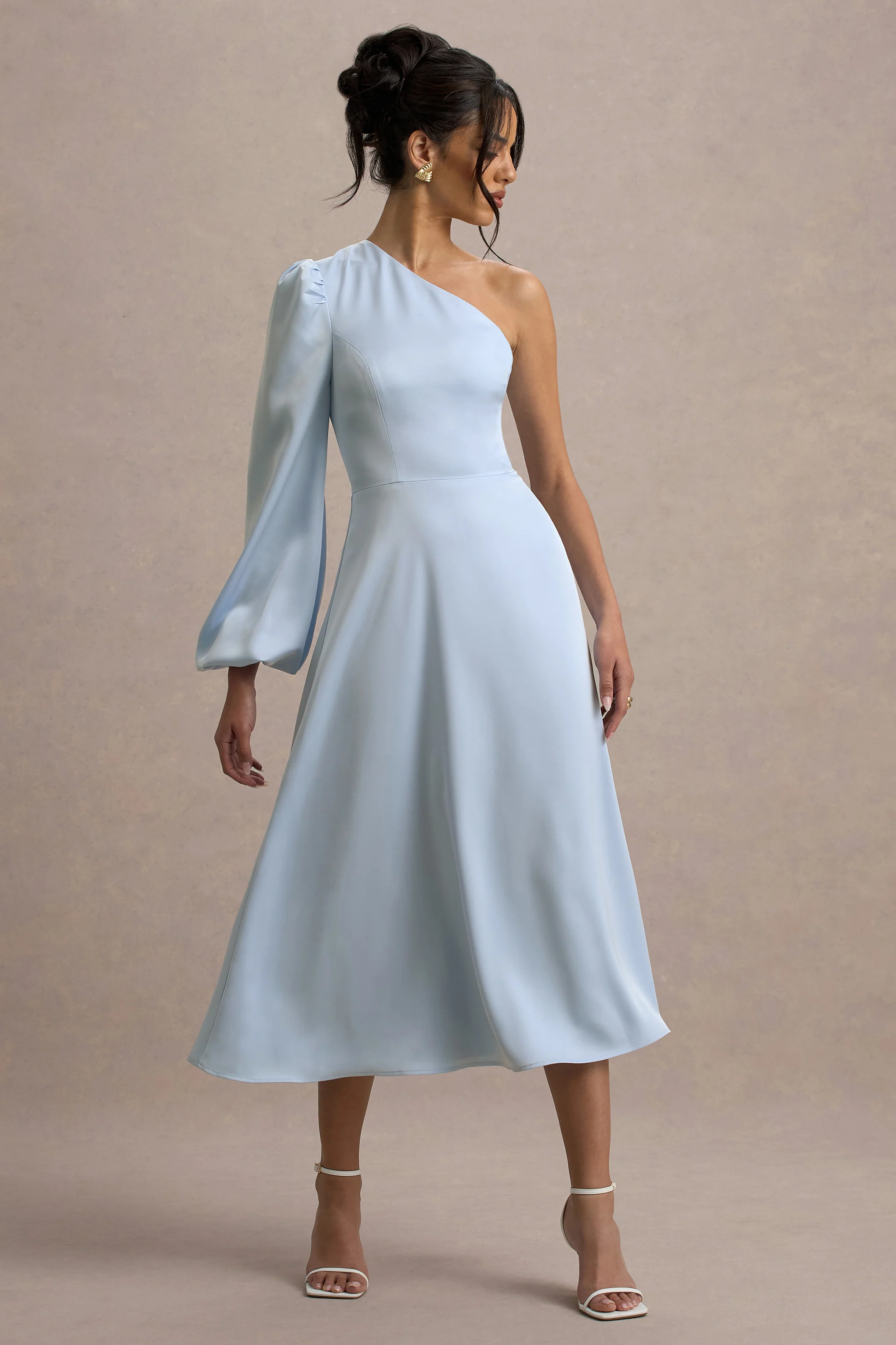Haila | Powder Blue Satin One-Shoulder Midi Dress