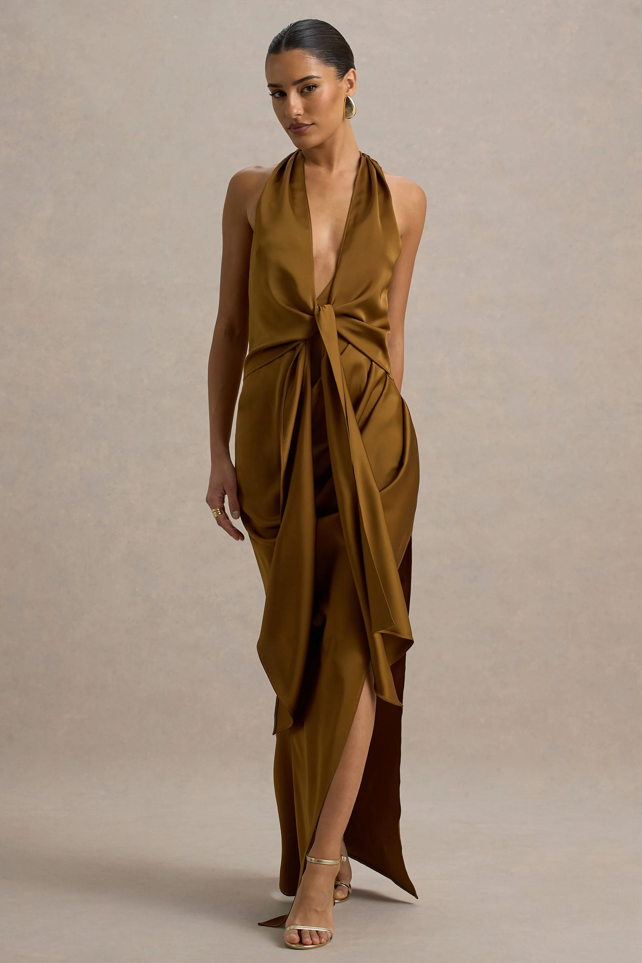 Lynette | Olive Satin Plunge-Neck Maxi Dress With Asymmetric Hem