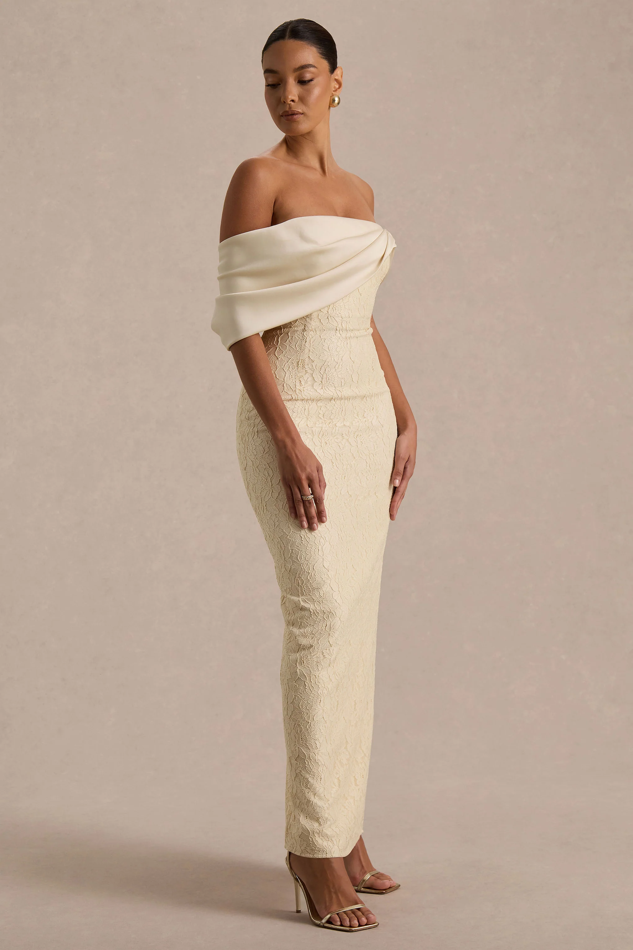 Solora | Cream Lace Twisted Bardot-Neck Maxi Dress