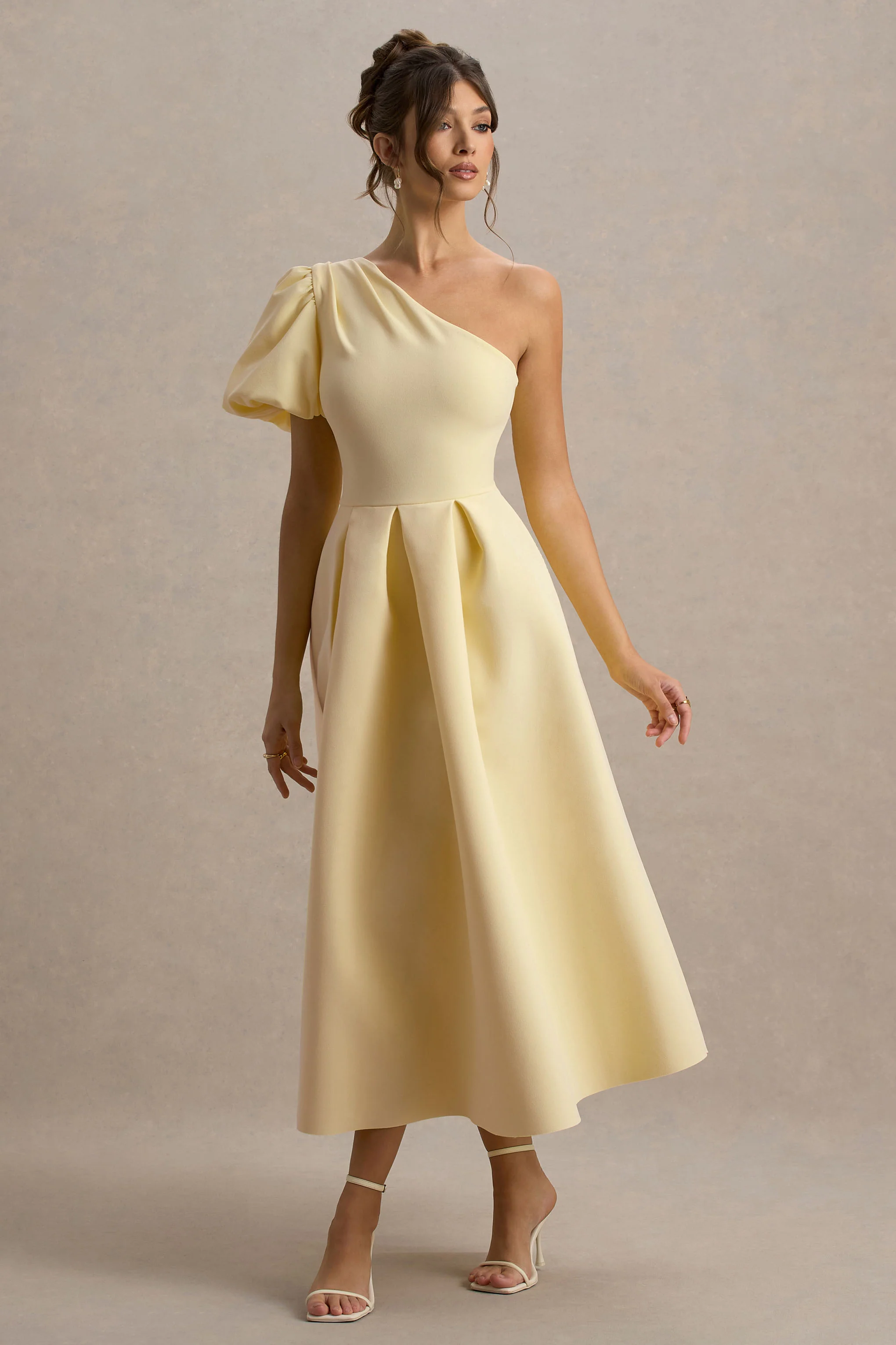 Rochelle | Pale Lemon Asymmetric Puff-Sleeve Midi Dress