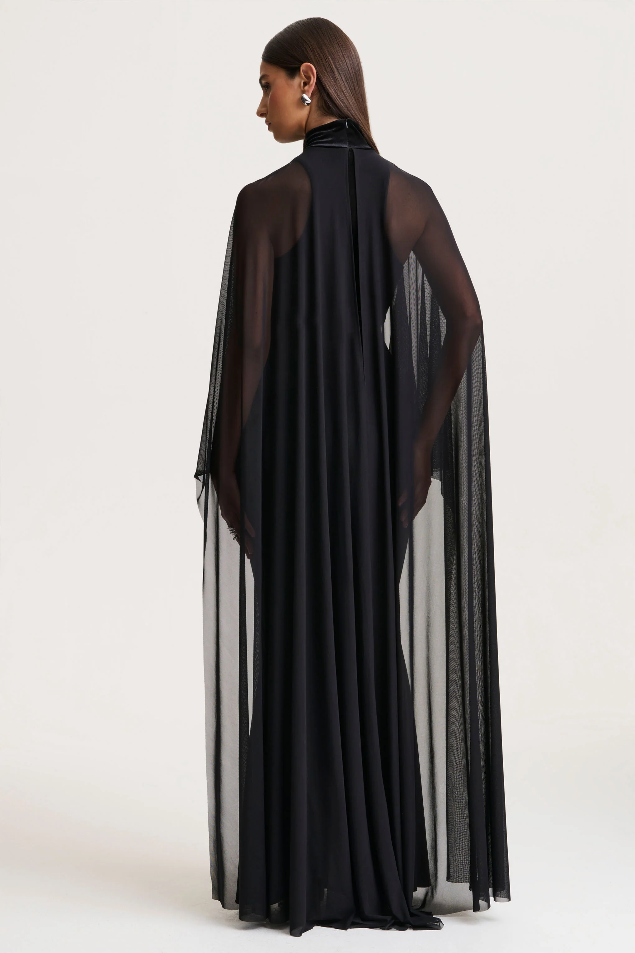 Adoring | Black Velvet High-Neck Maxi Dress With Cape