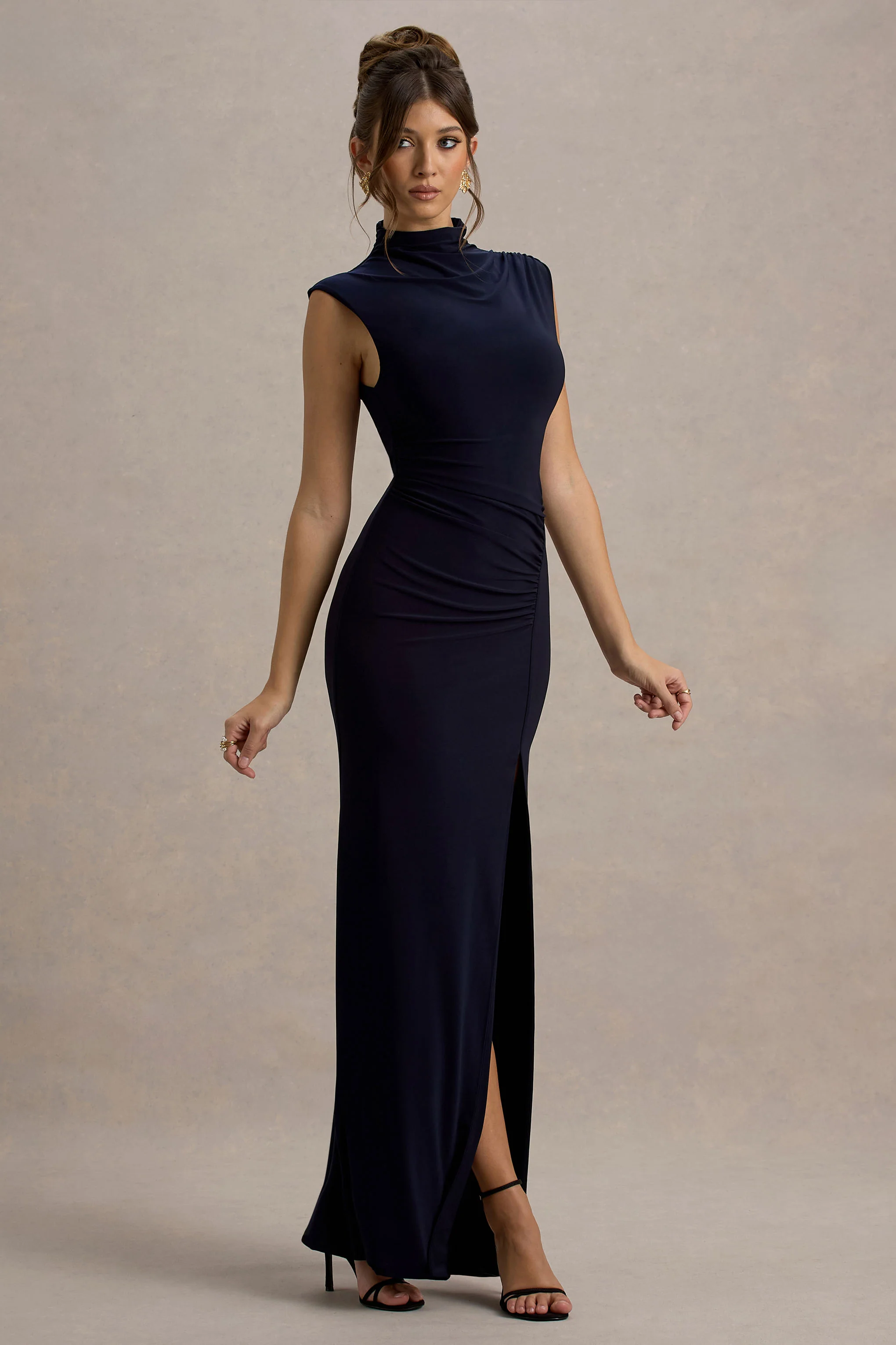 Lanetta | Navy Ruched High-Neck Maxi Dress With Split